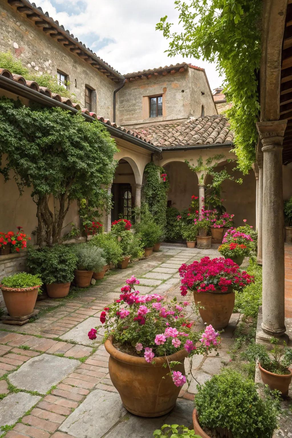 Terra cotta pots contribute charm to this Italian garden arrangement.
