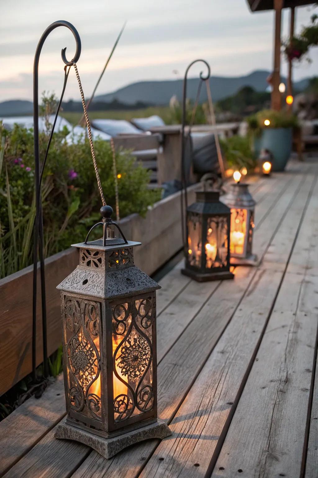 Introduce rustic charm with stylish hanging lanterns.