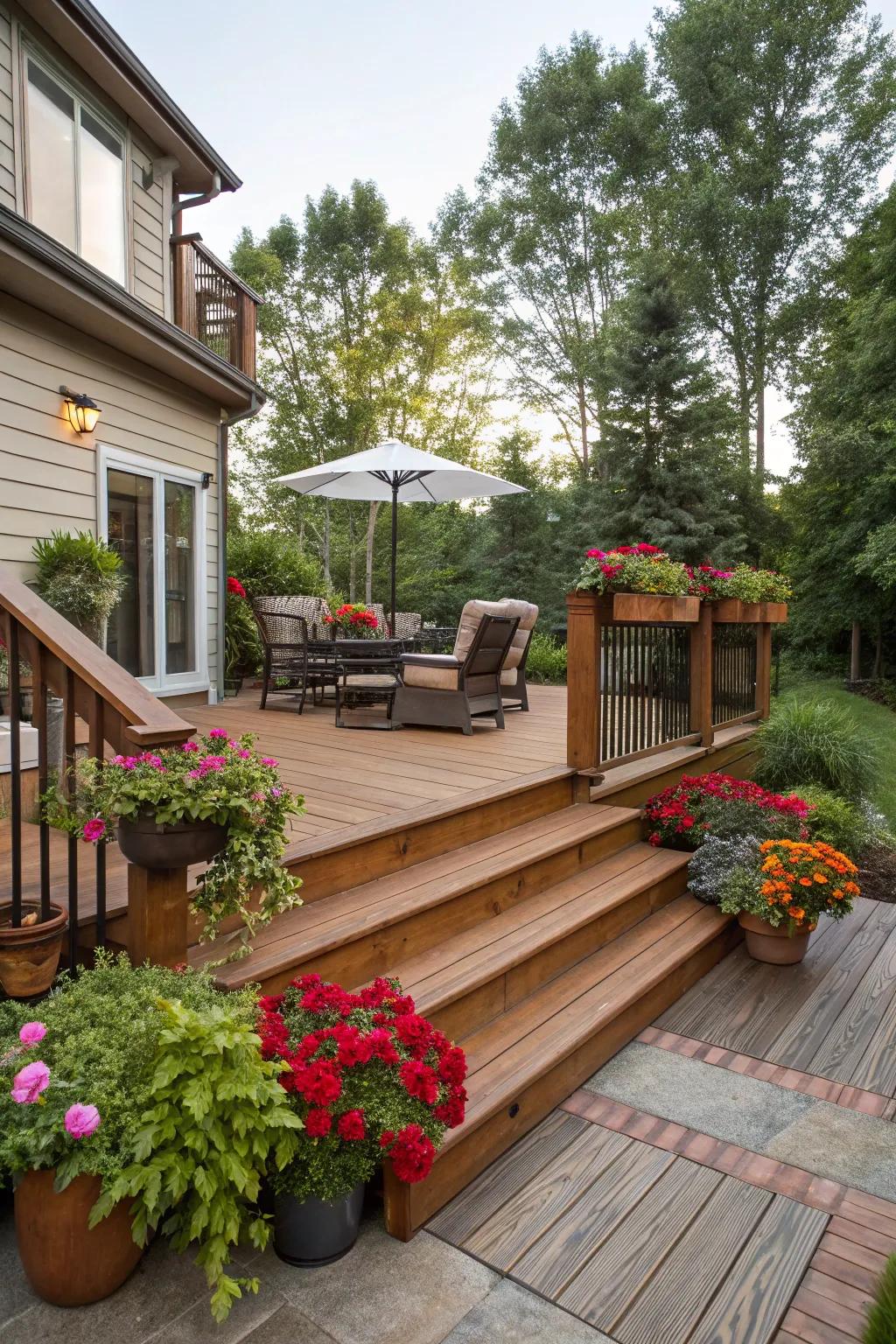 Wooden steps offer a cozy, rustic feel.