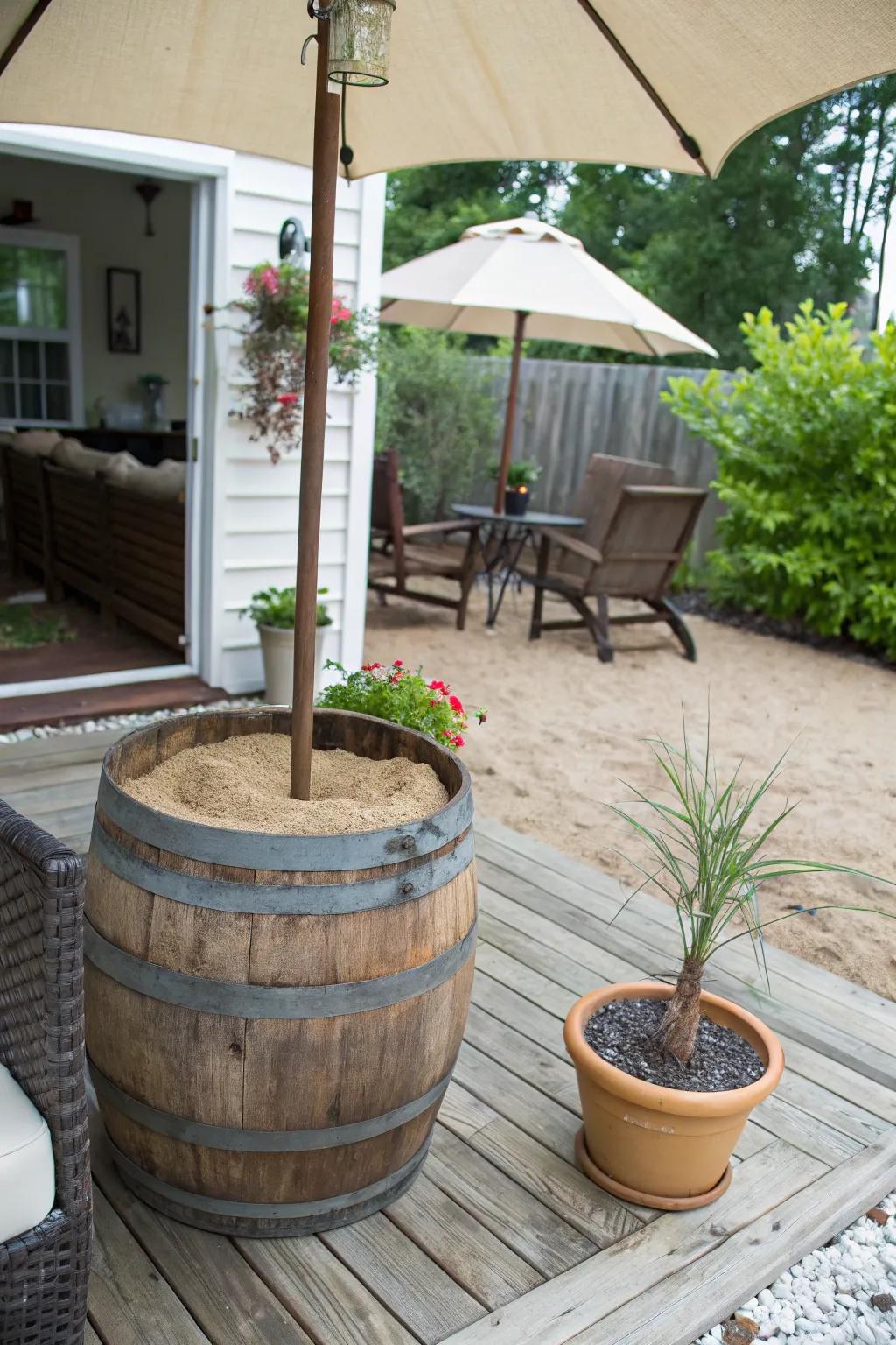 A creative handmade support fashioned from a cask intended for housing umbrellas.