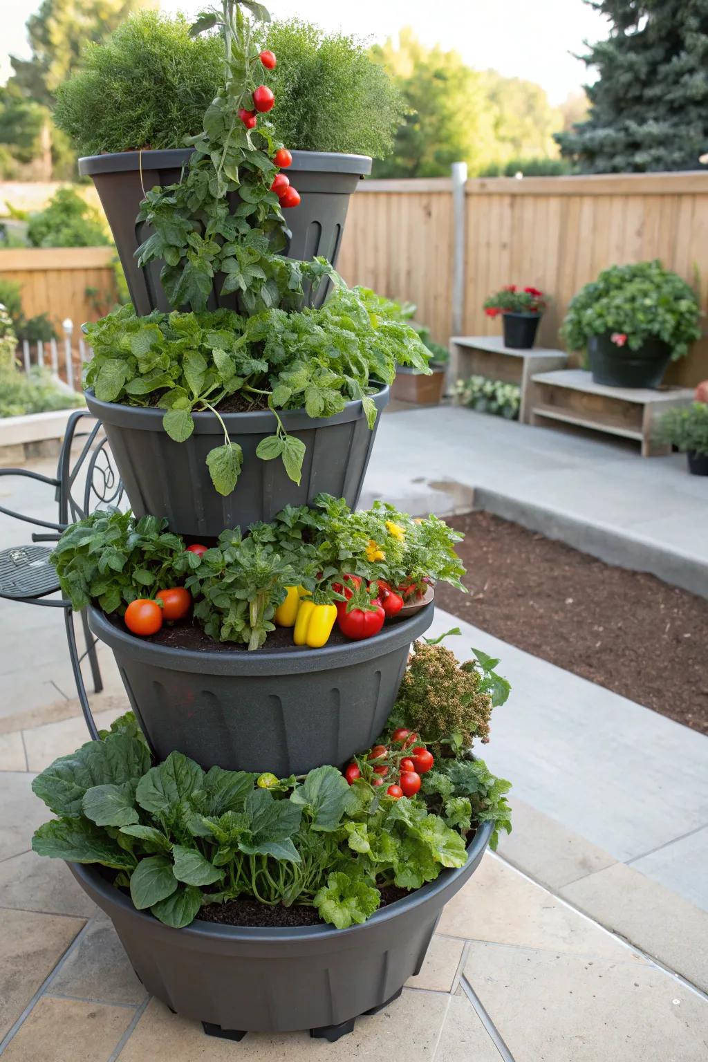 A tiered planter array introduces an element of upright appeal to the patio.