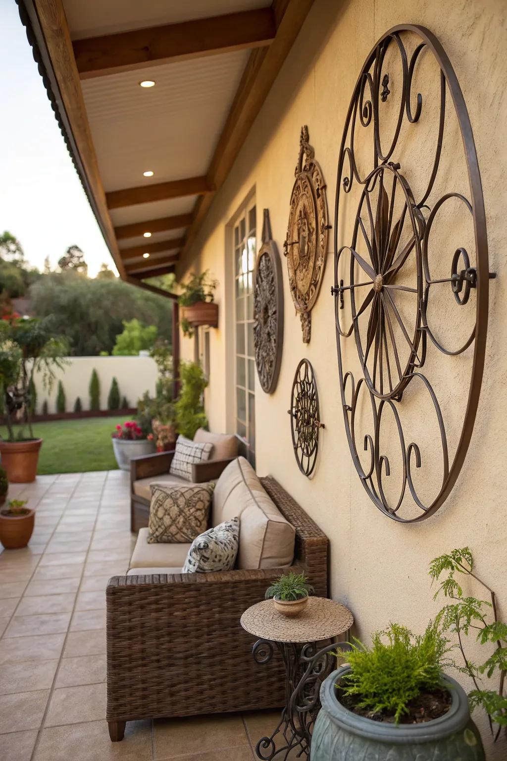 Contemporary metal art makes a bold impression on the patio wall.