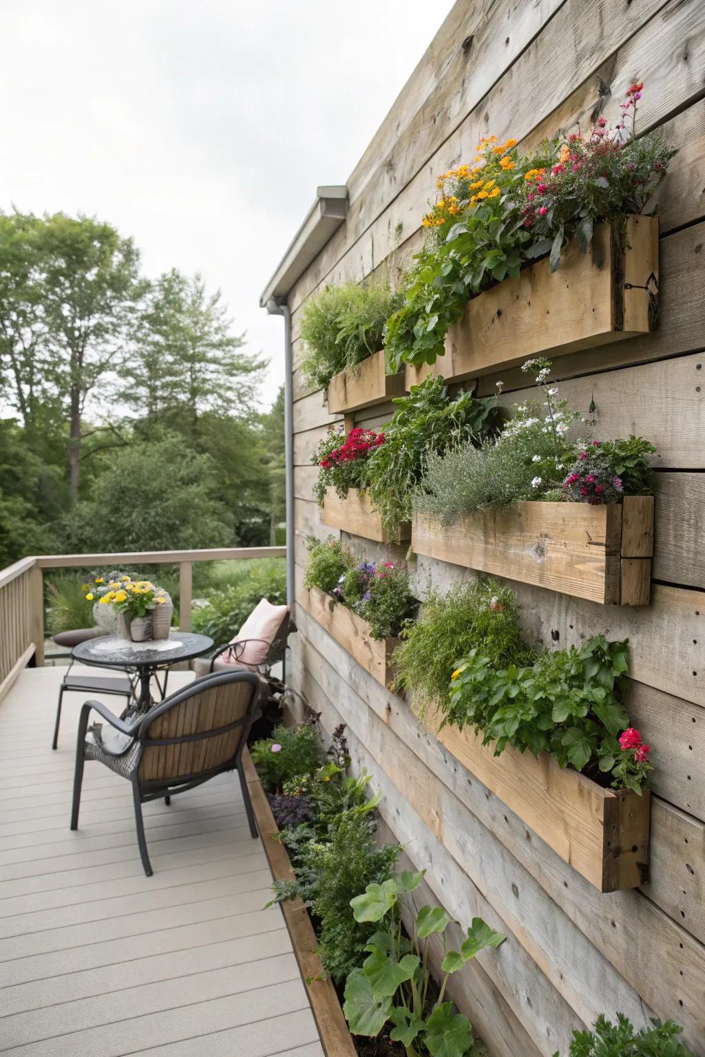 A wood backdrop featuring integrated greenery beds for increased plant life.