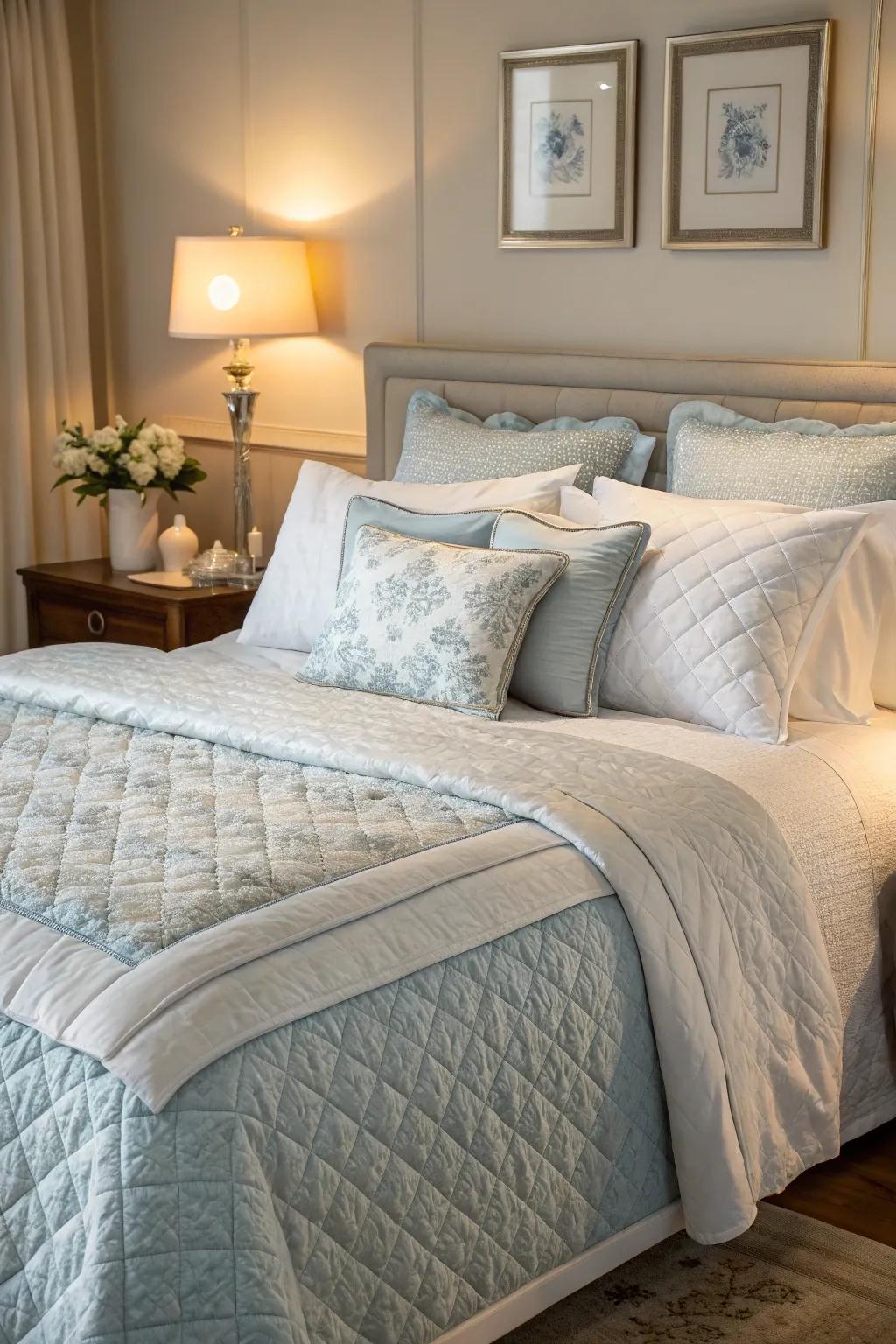 A cozy bed adorned with soft fabrics and layered pillows for added comfort.