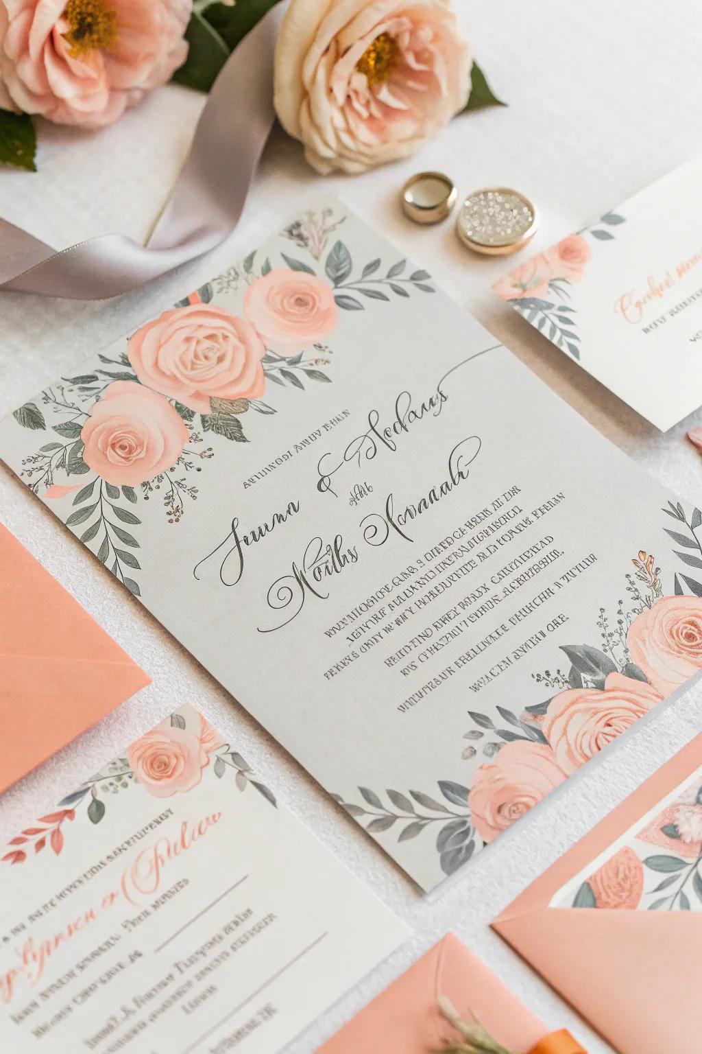 Chic invitations of peach and gray to define the ideal atmosphere.