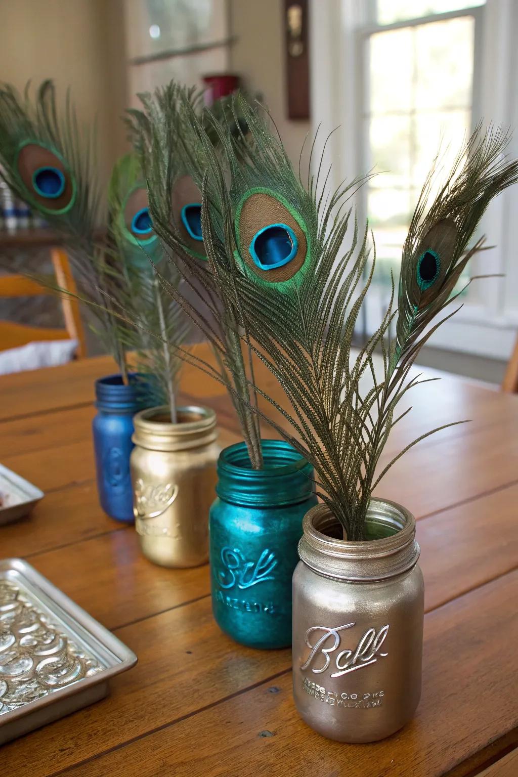 Country refinement presented through painterly jars and pheasant plumes.