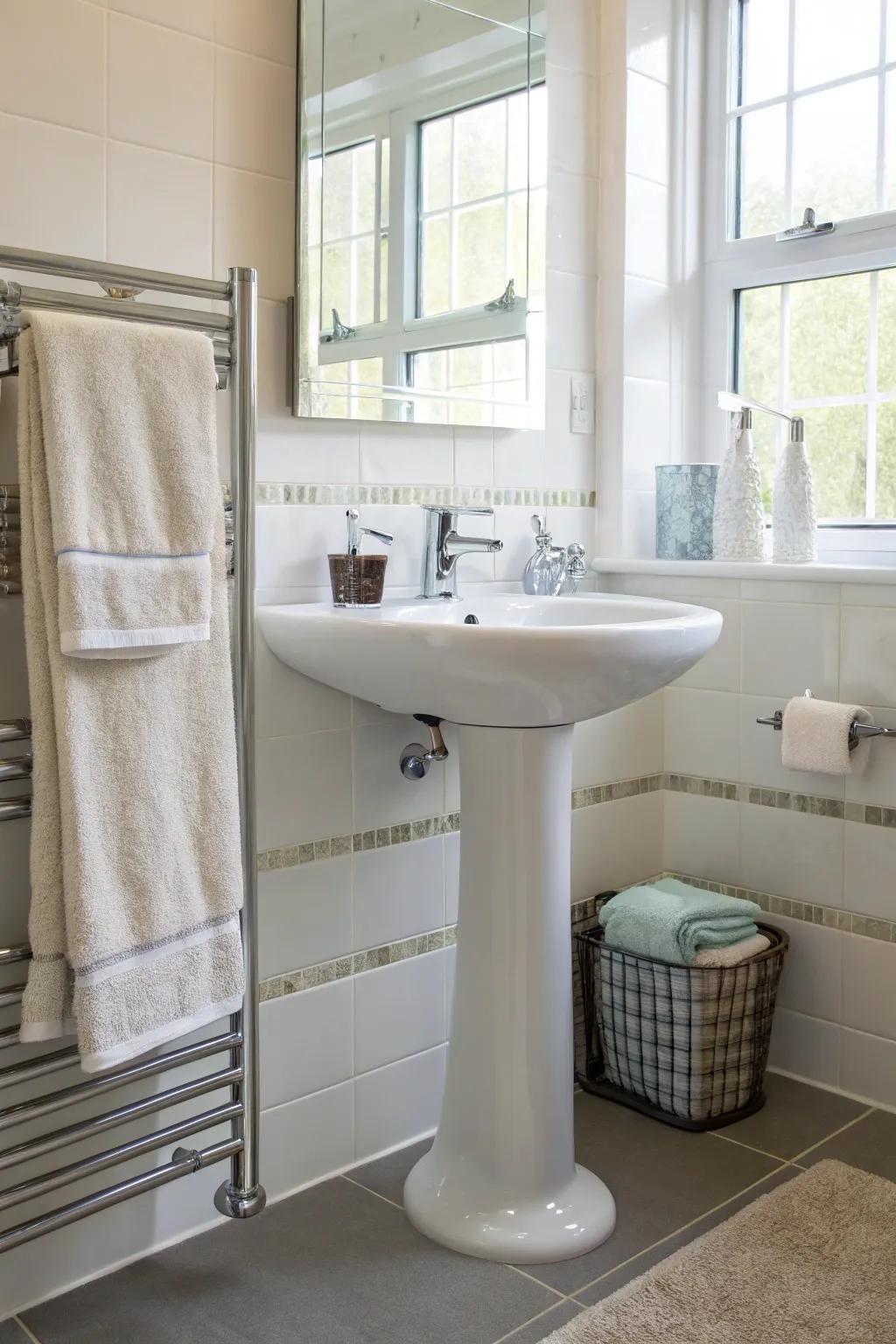 Convenient towel racks near the pedestal sink.