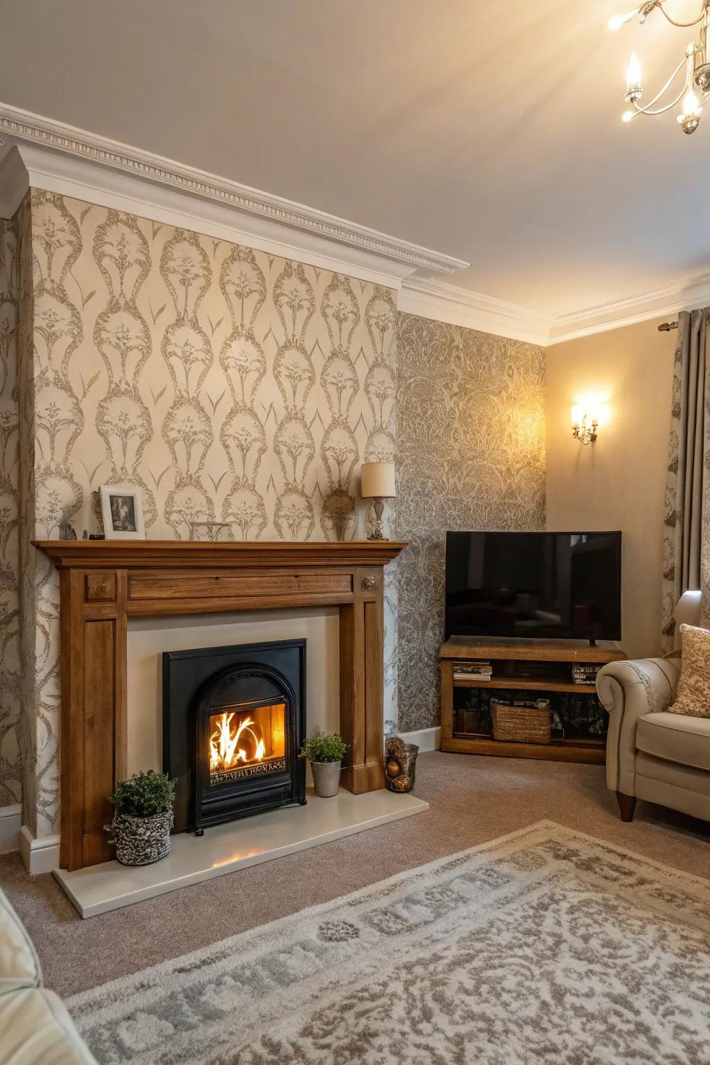 Make your fireplace the central feature of your space using textured wallpaper.
