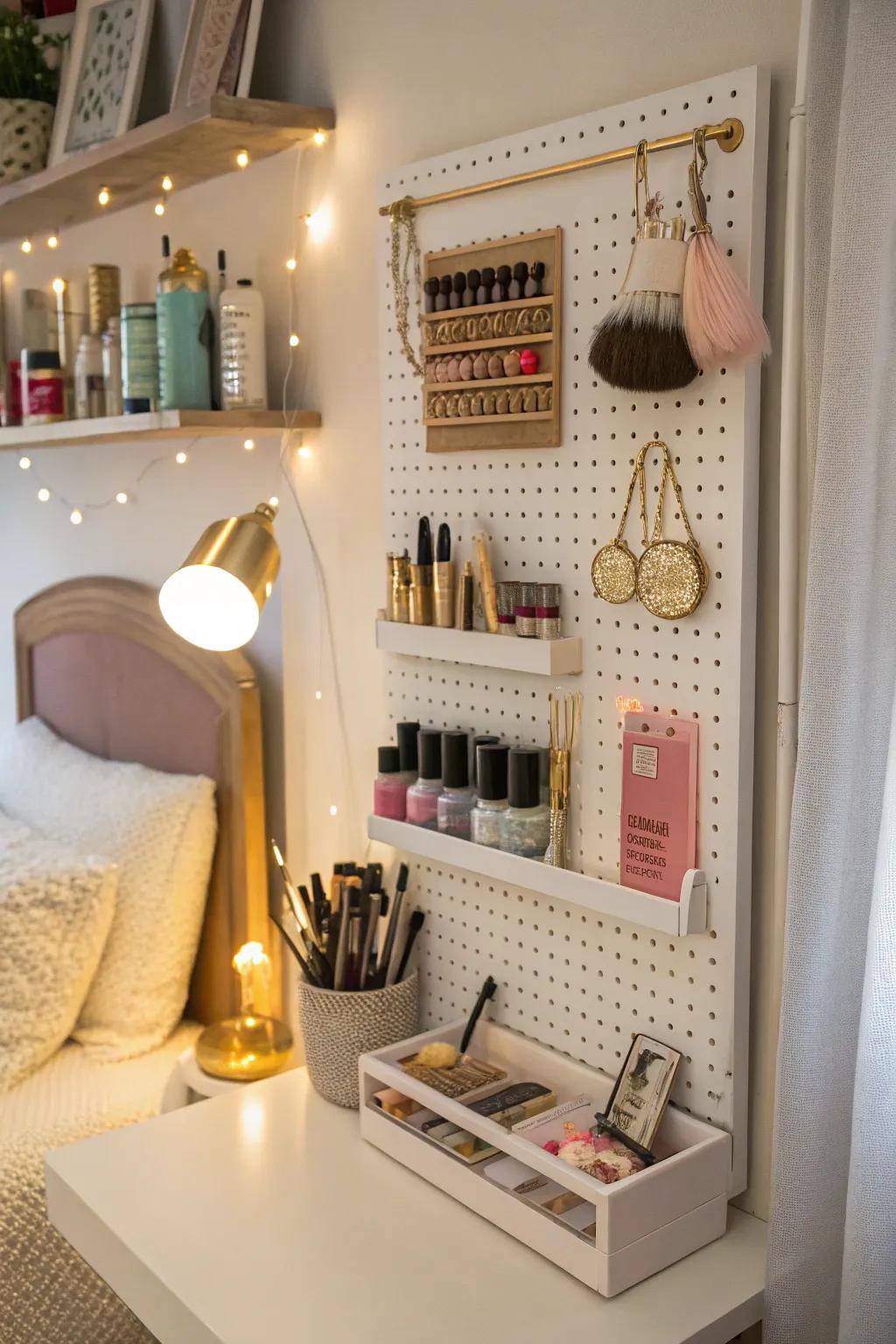A pegboard vanity station: elegance meets organization.