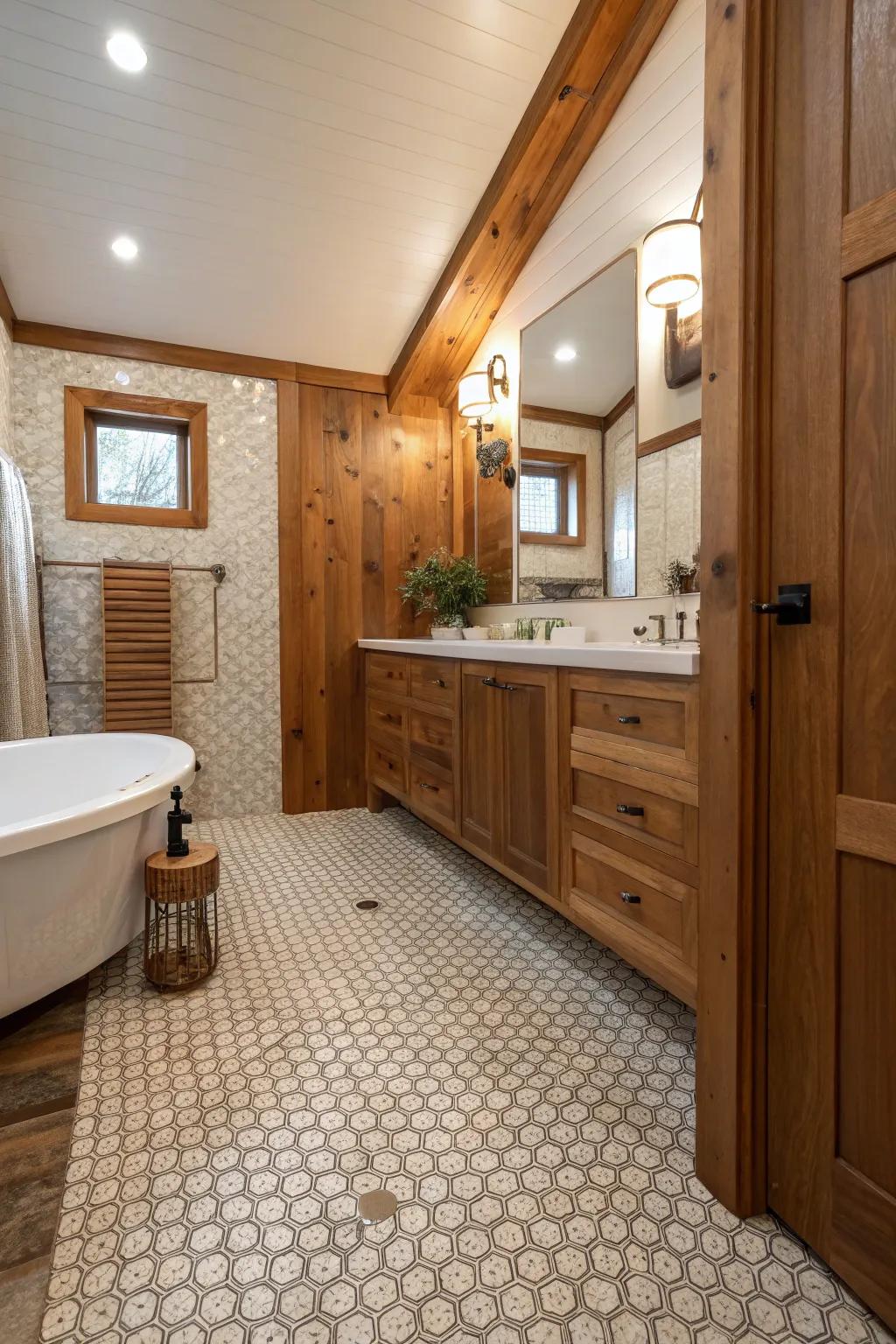 A serene mix of penny tiles complemented by wood accents.