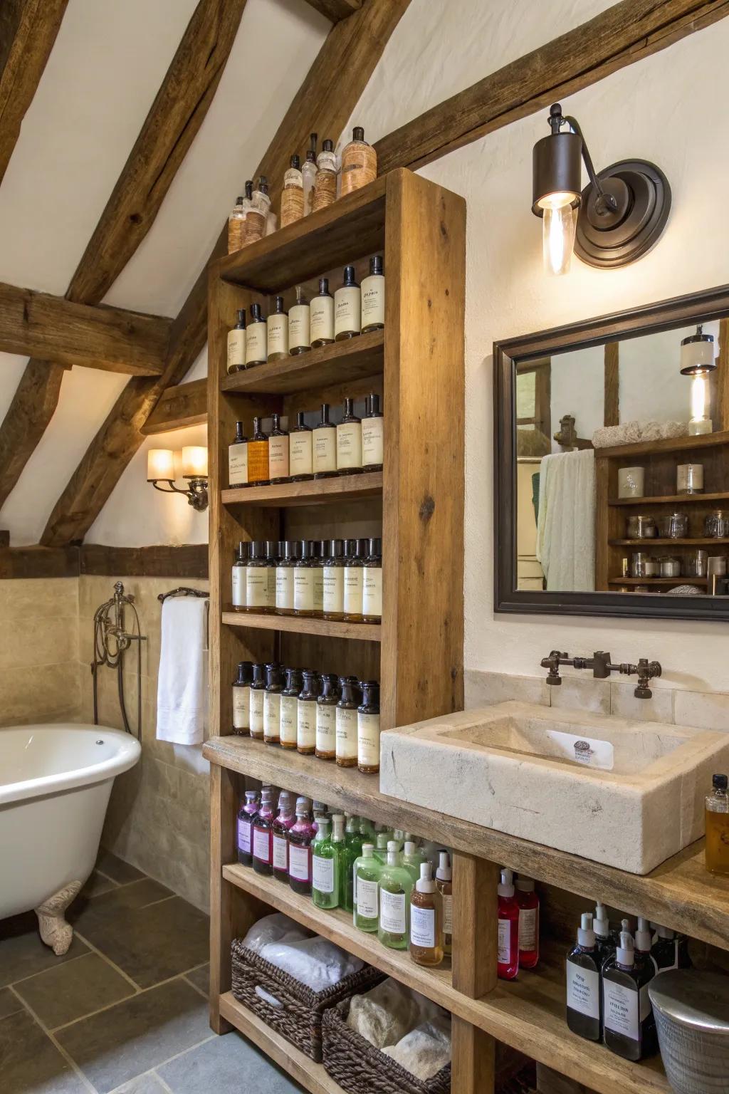 Weathered timber shelves infuse your perfume collection with a home-like character.