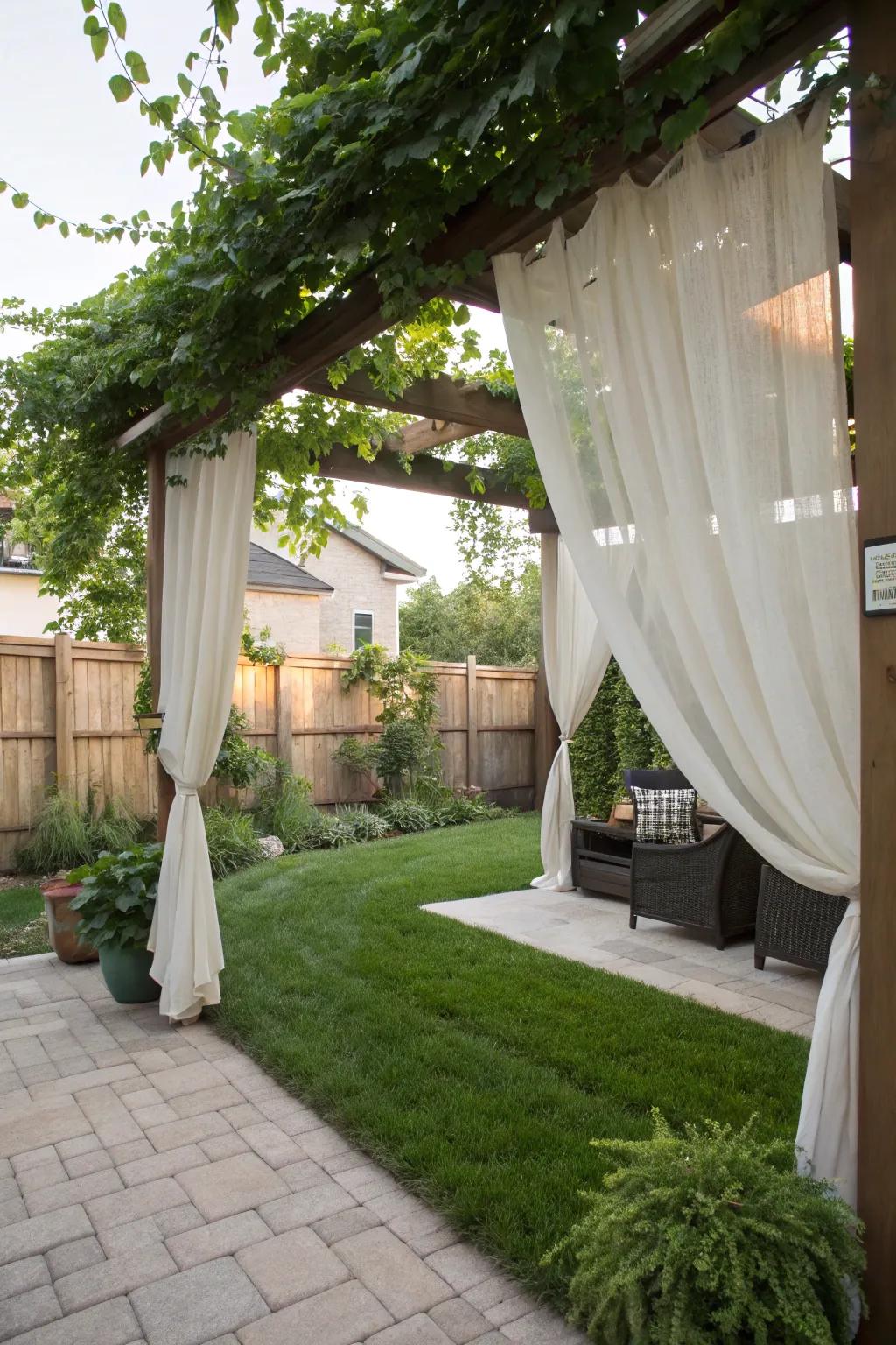These flowing curtains give this backyard pergola more style and seclusion.