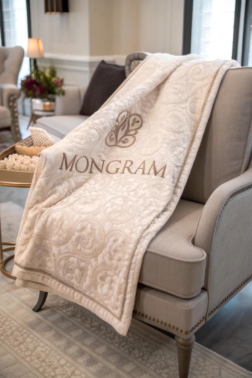 A luxurious blanket with a raised lettermark, bringing elegance to any space.