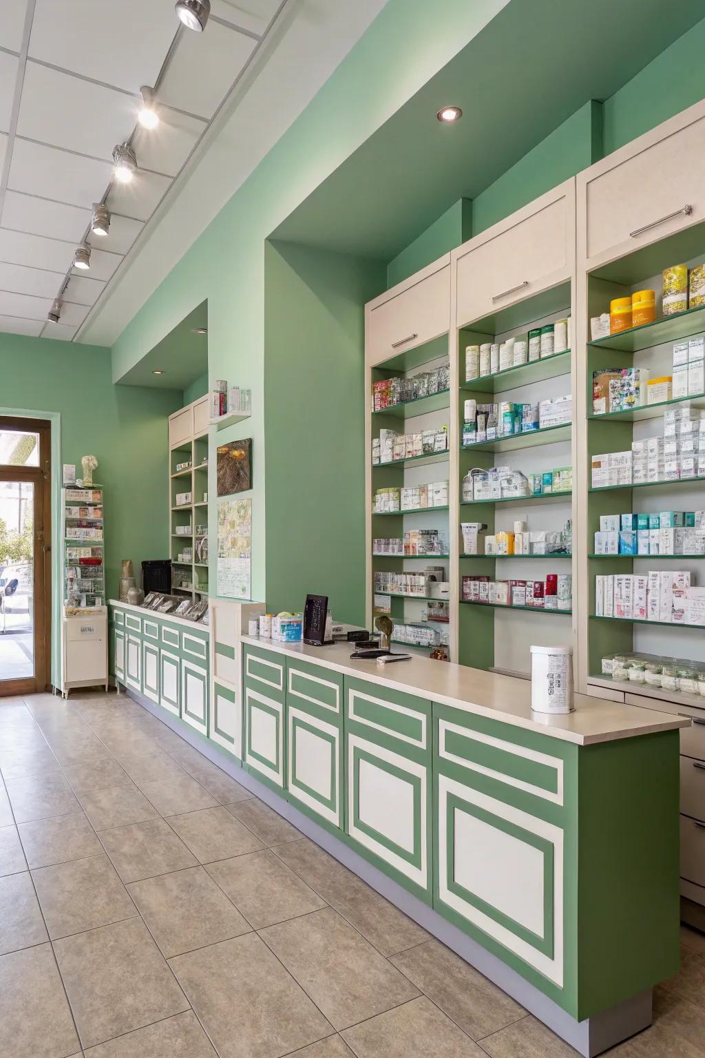 A soothing green and neutral color scheme in a dispensary
