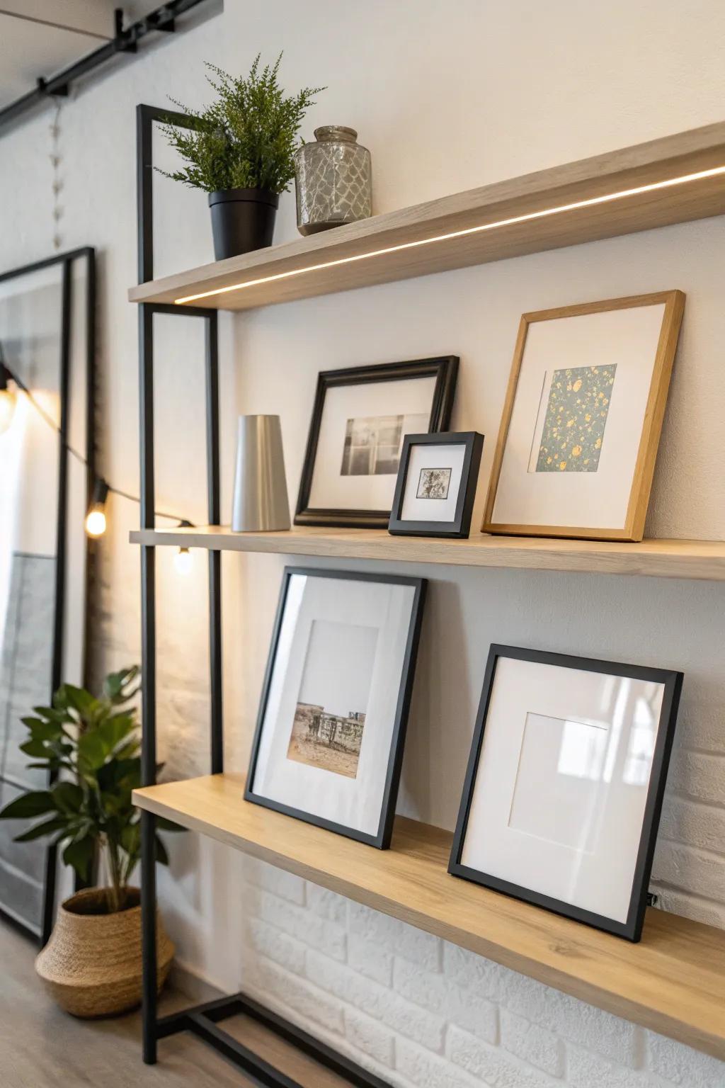 Minimalist picture ledge with select frames for a modern look.