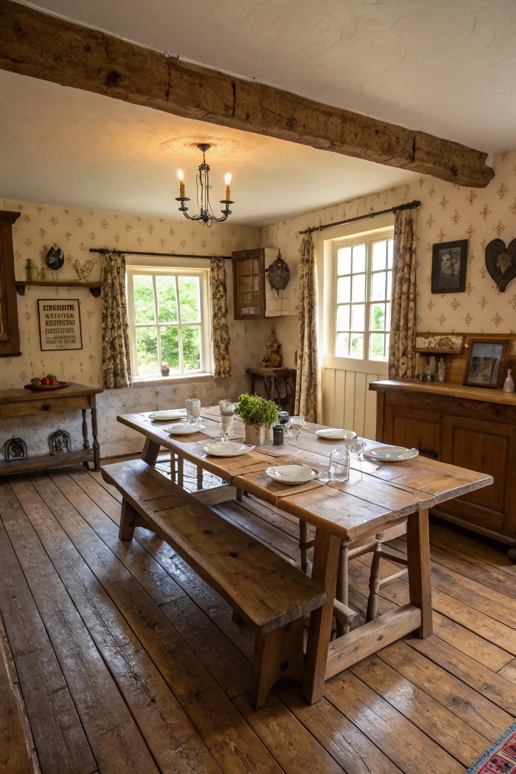 Country-style wood floors bring a hint of tradition to dining areas.