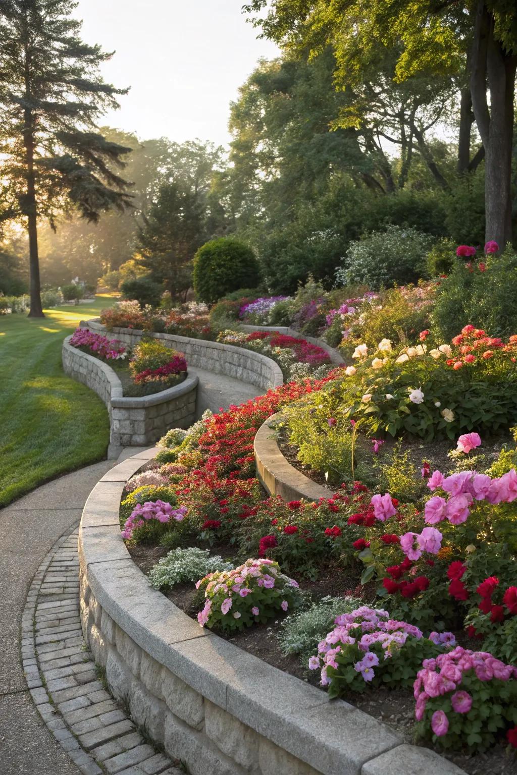 Add a touch of class with beautifully curved raised flower beds.