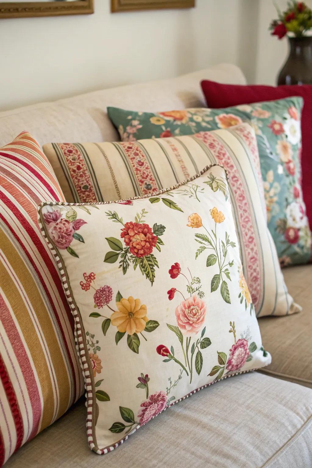 A spirited combination of patterned cushions adding visual intrigue.
