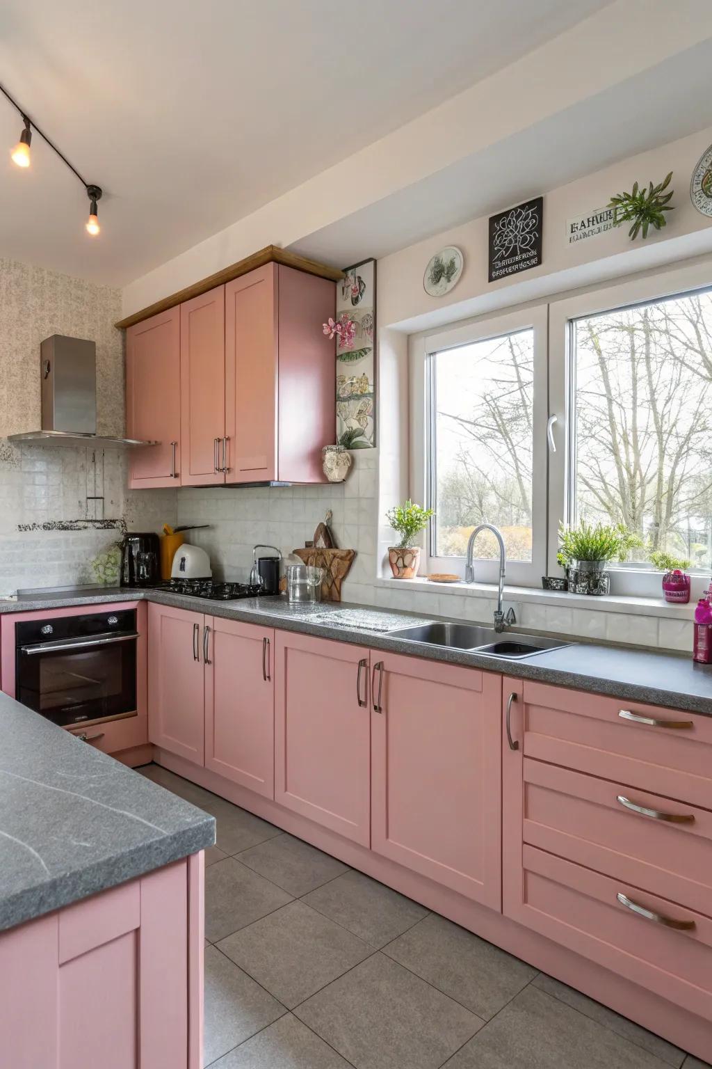 Striking rose-tinted cabinetry complemented by sleek slate surfaces.