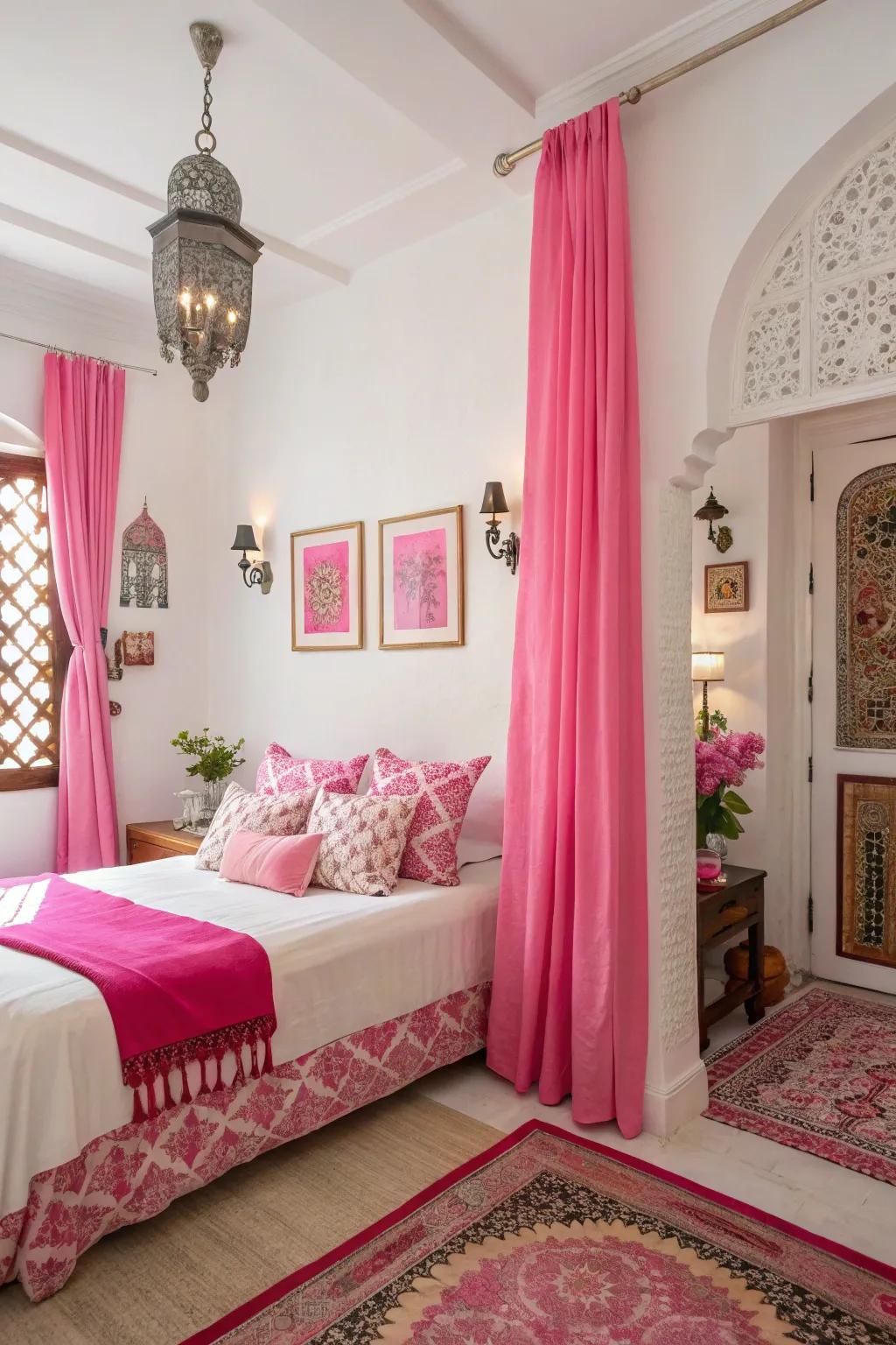 Reddish accents against white establish a vibrant and inviting bedroom.