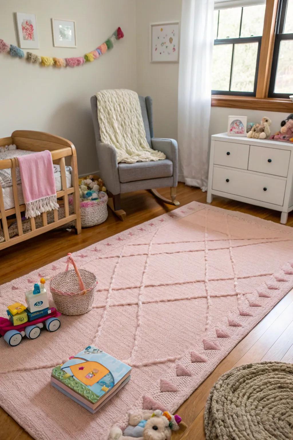A plush pink rug enriches the nursery floor with comfort and flair.
