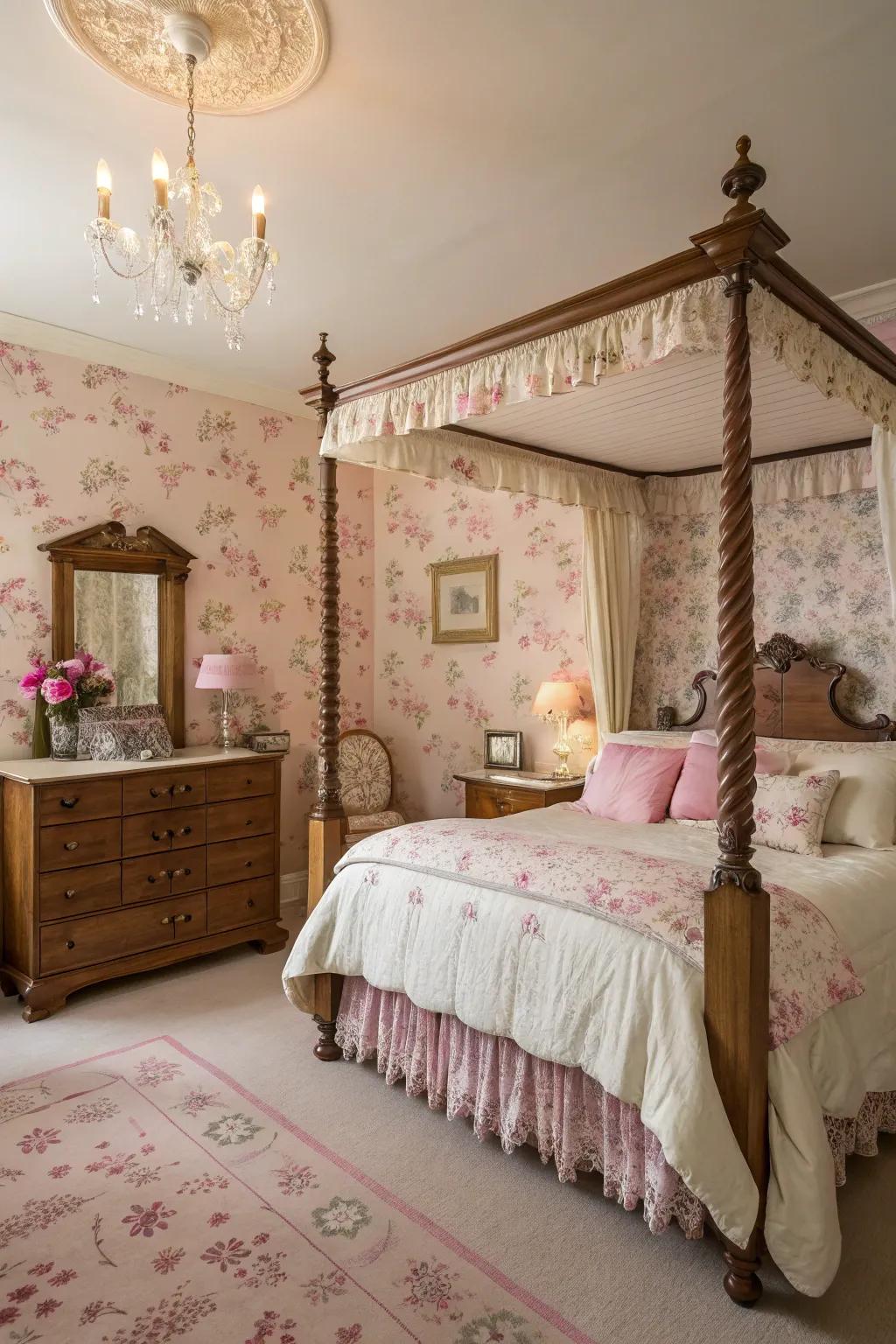 Floral pink wallpaper establishes a romantic ambiance within this vintage-inspired bedroom.