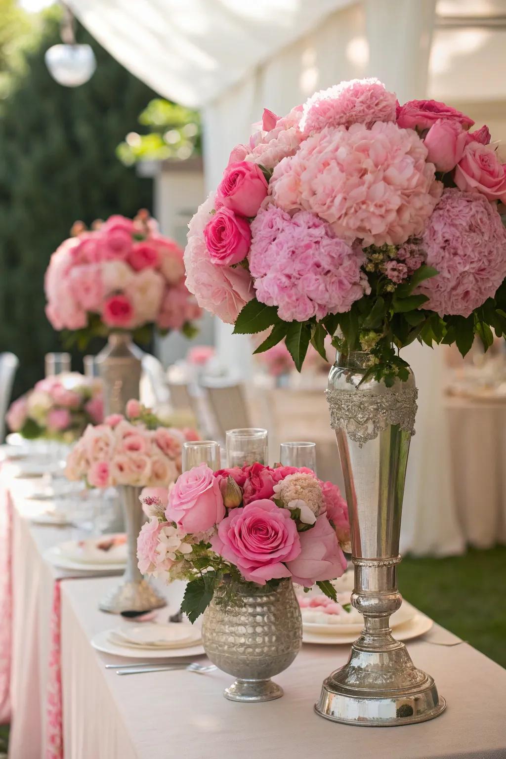 Roseate botanical arrangements breathe vitality and sophistication into the party décor.