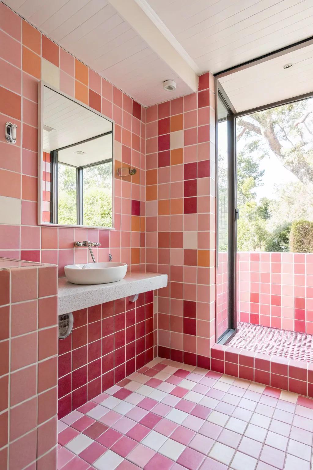 A bathroom displaying a spectrum of rosy tile shades.