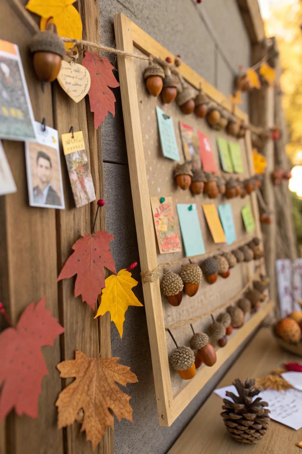 Nature-inspired bulletin board with acorns and nuts for a touch of fall.
