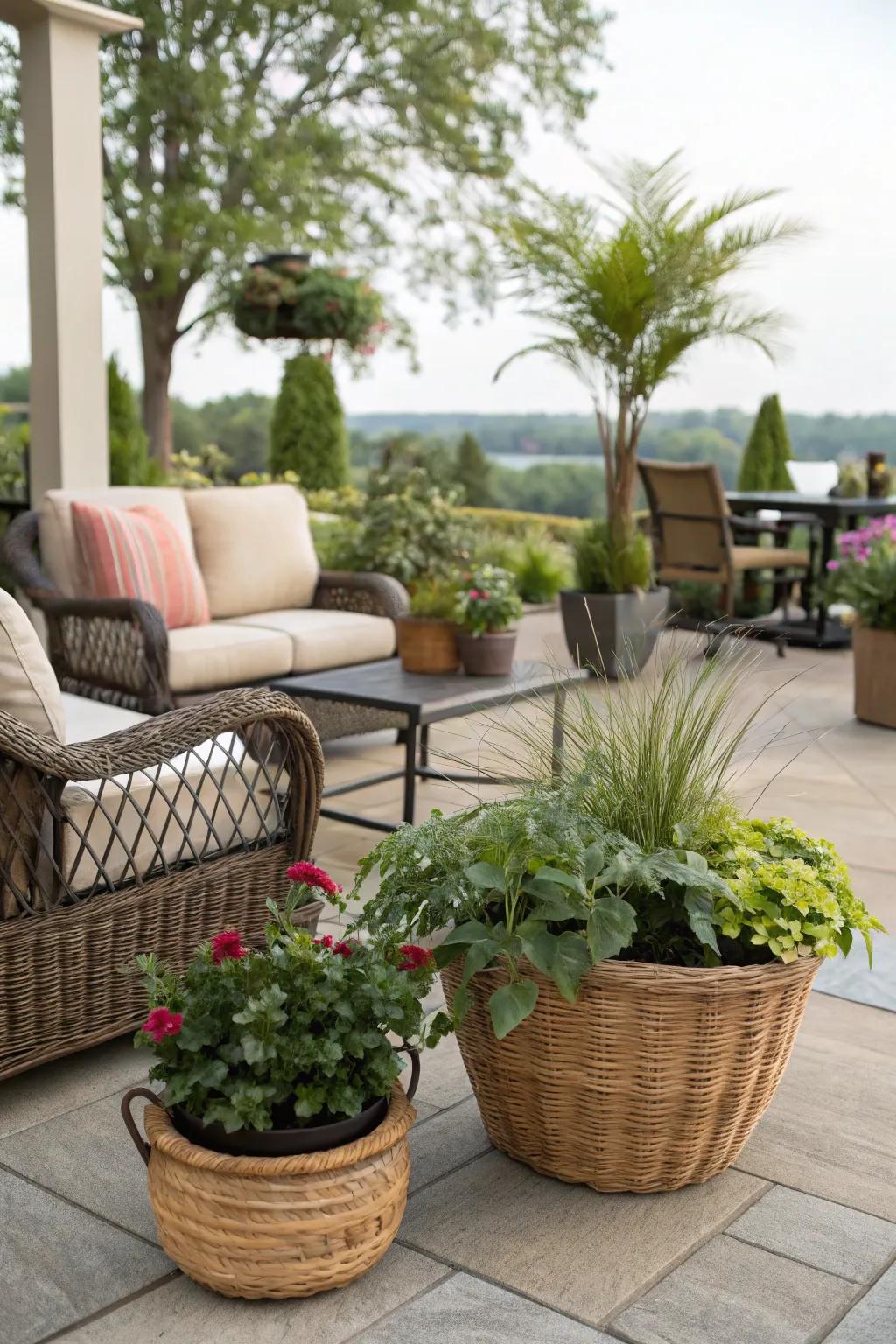 Wicker containers create a cozy and inviting visual.