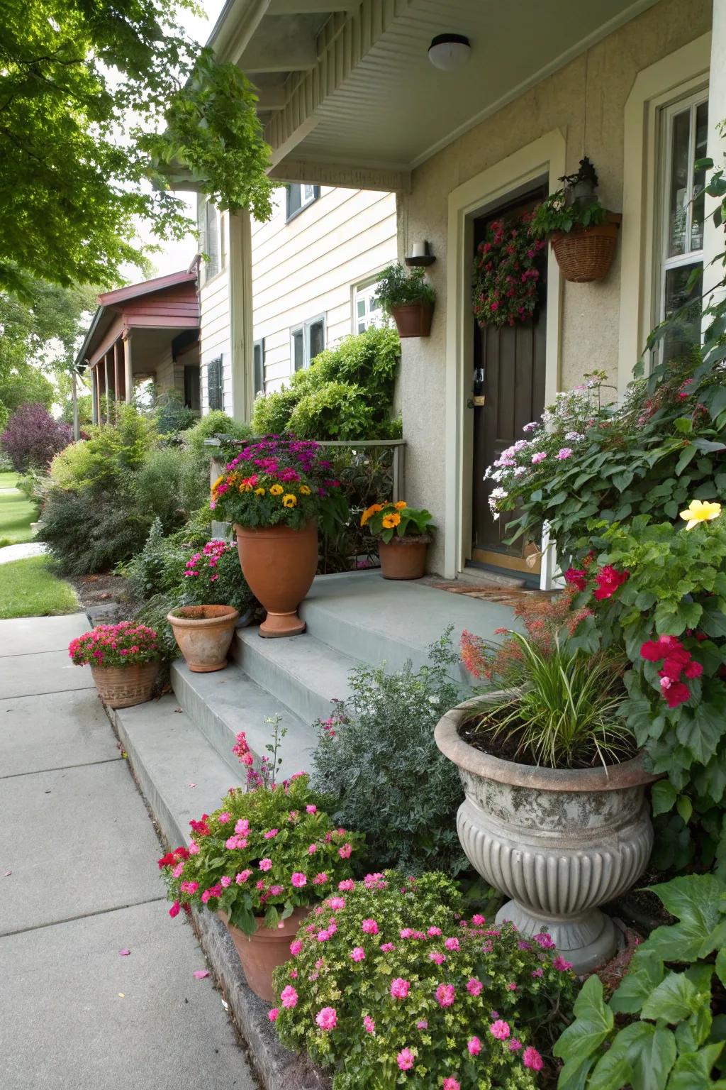 Containers and vessels inject allure and flair to the entrance.