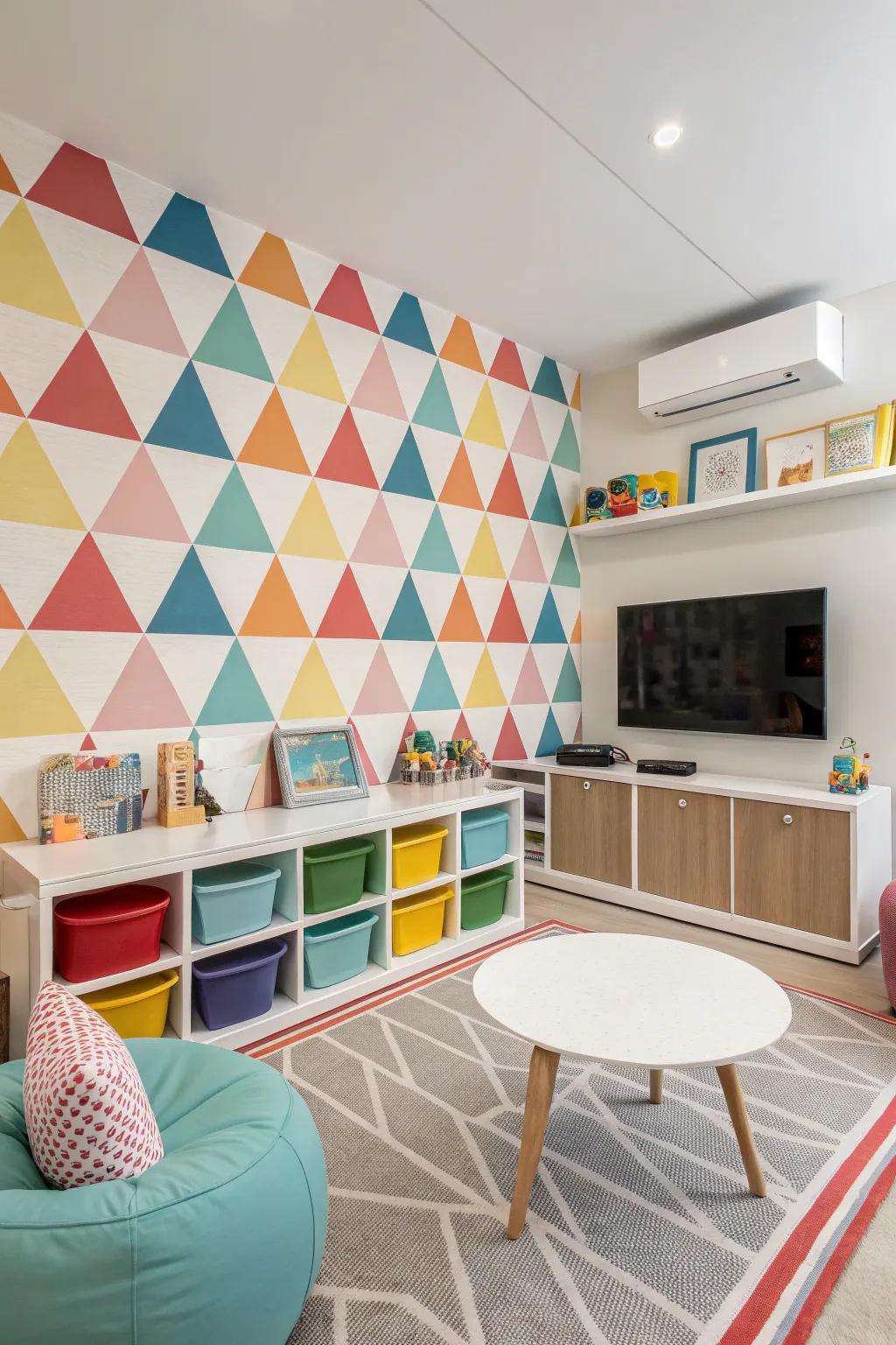 Angled compositions deliver vibrant energy to a playroom.