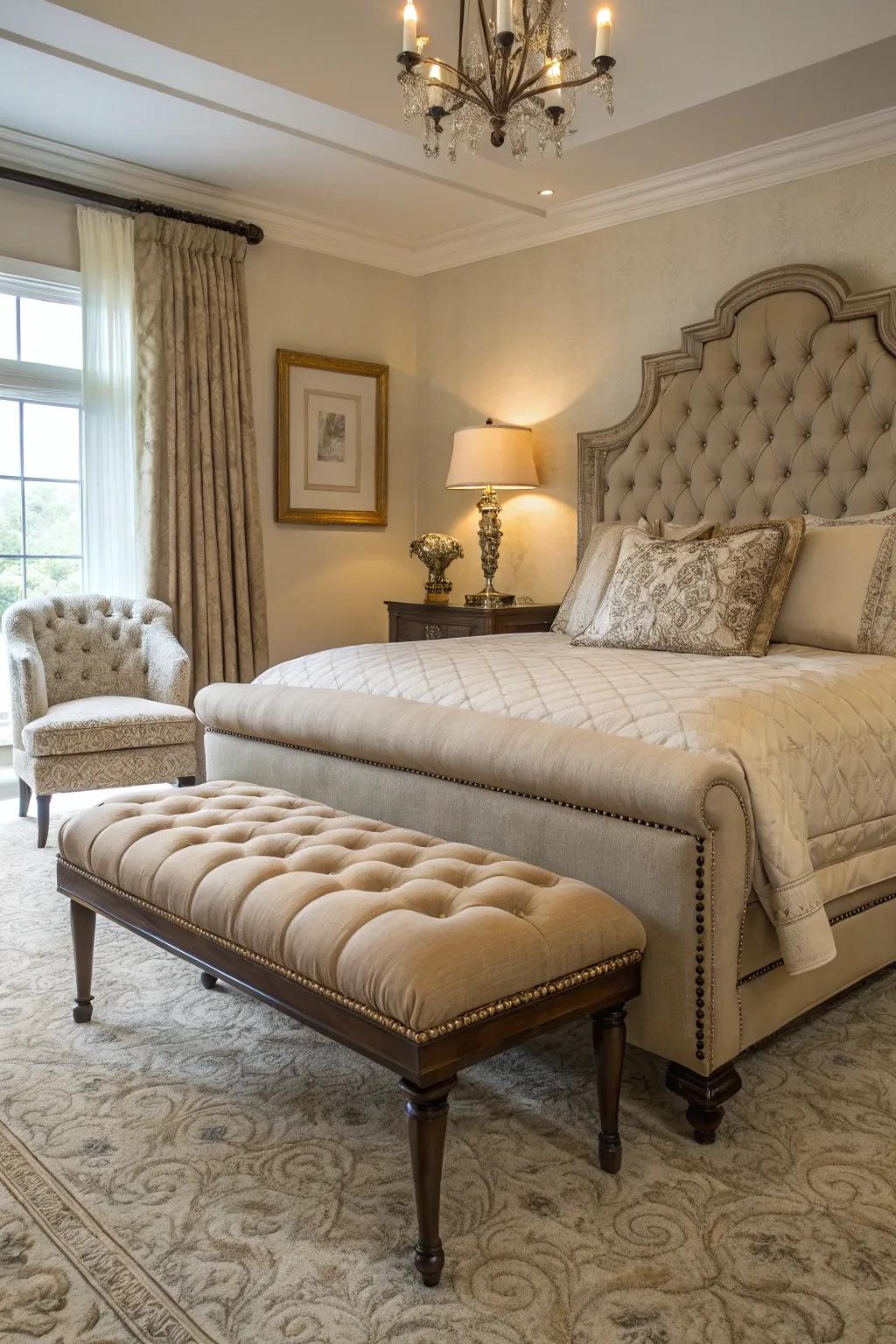 Refined furnishings heighten the elegance of a plush bedroom.