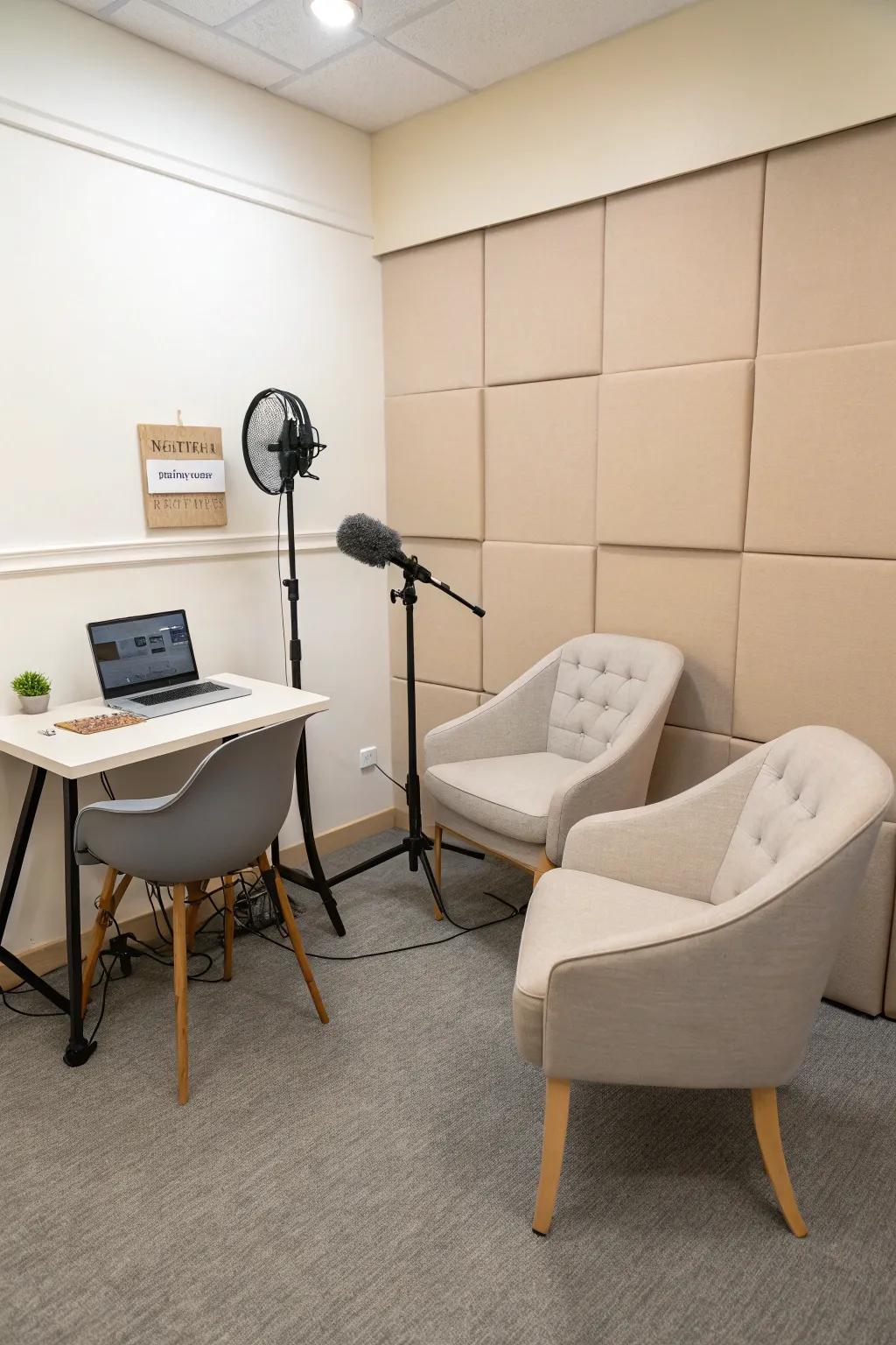 A minimalist podcast studio layout.