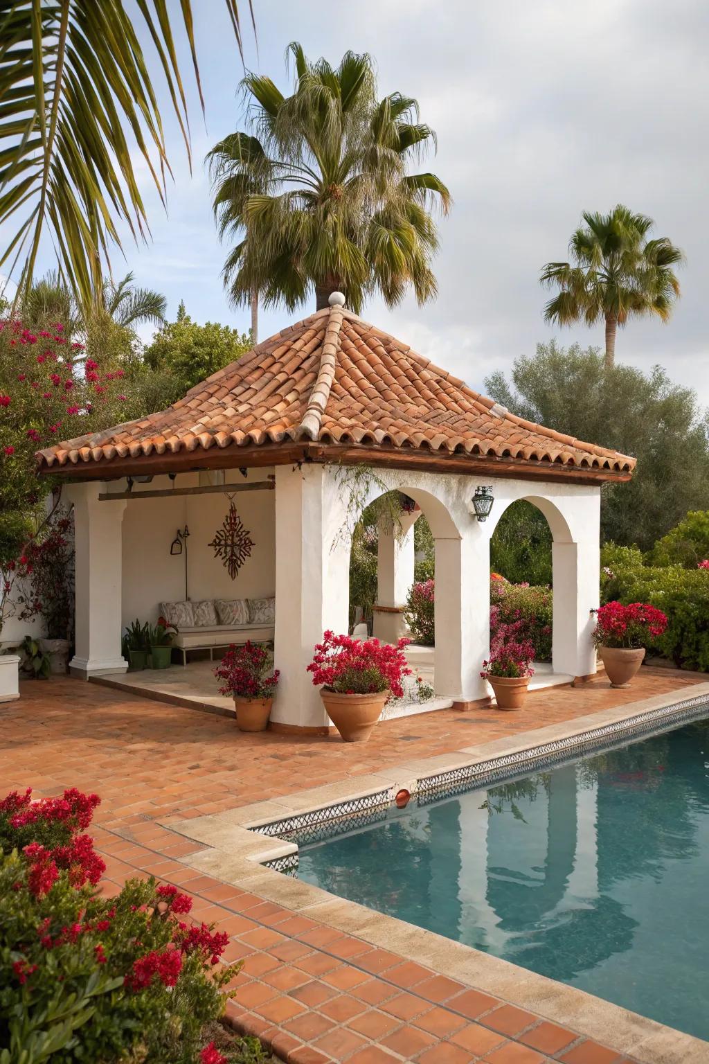 A Mediterranean-inspired cabana radiating elegance and charm.