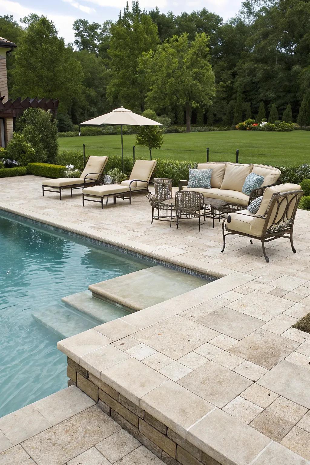 Travertine border adds a hint of elegance to any pool.