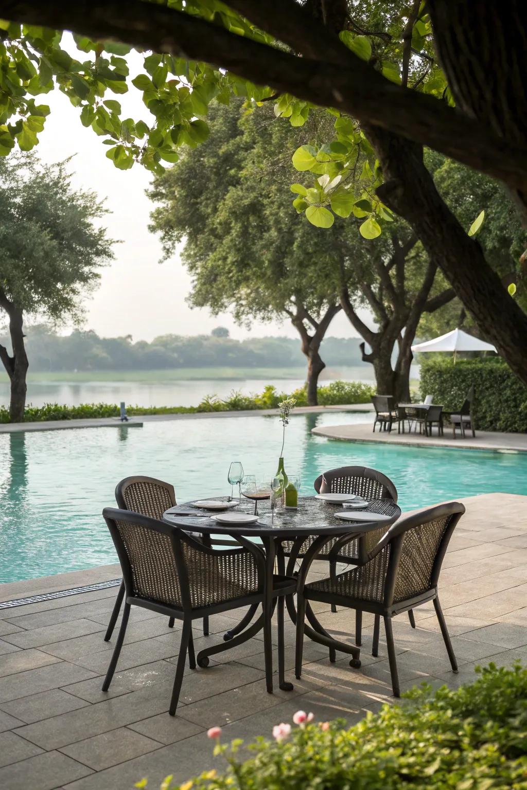 A poolside dining area ideal for outdoor meals.