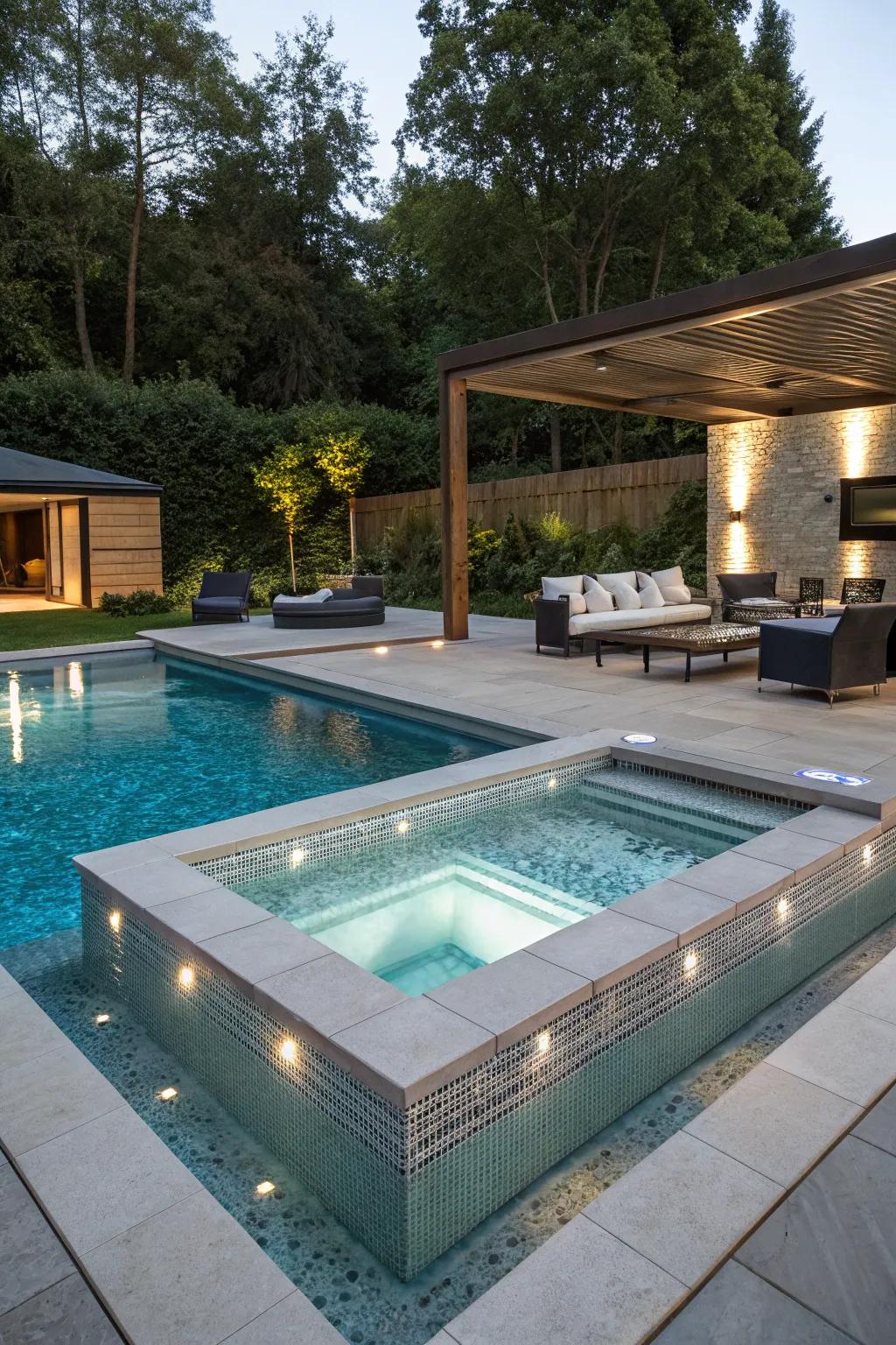 Savor the best of both experiences with a pool and hot tub fusion.