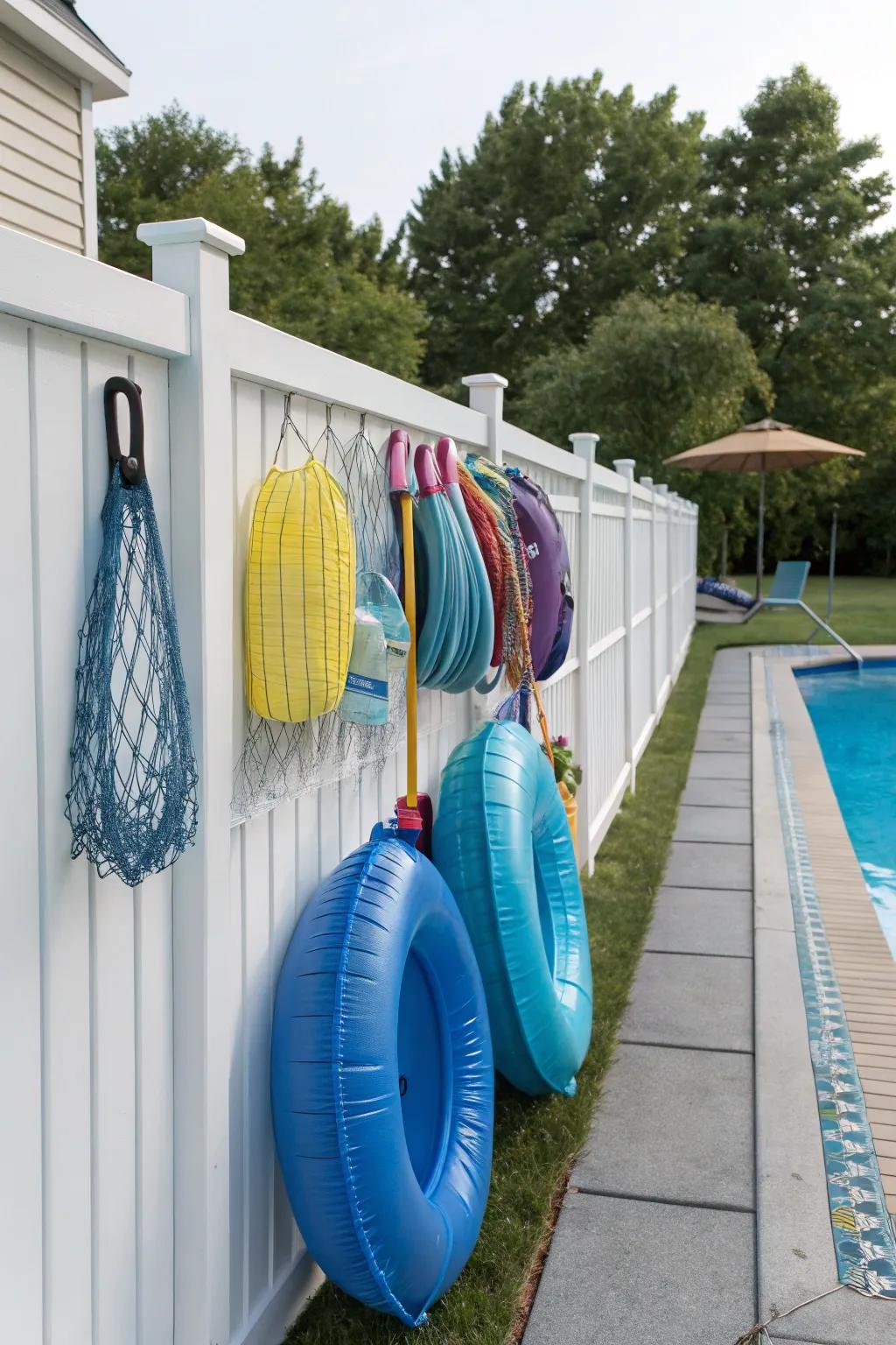 Fencing equipped with hooks and netting provides effortless pool float warehousing.