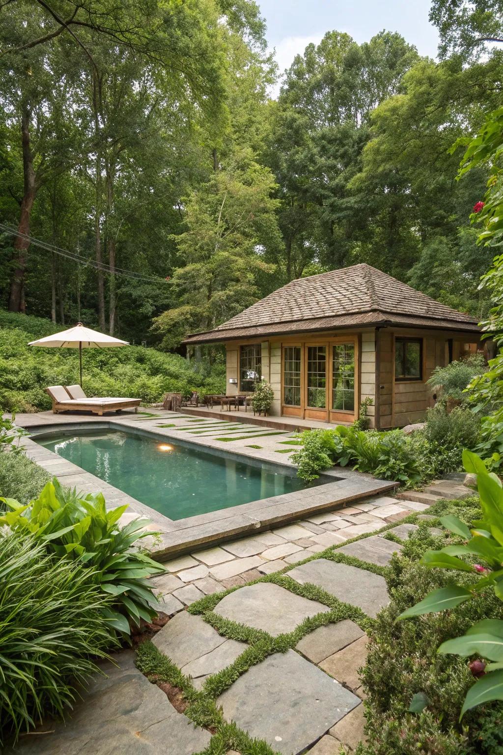 A pool house beautifully connected with surrounding green plants.