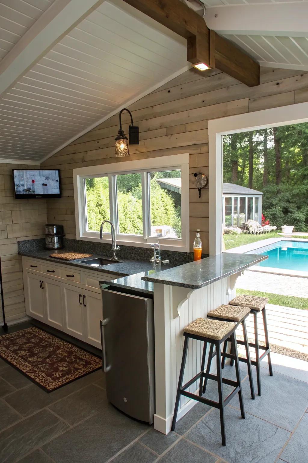 Savor poolside refreshments with a practical kitchenette setup