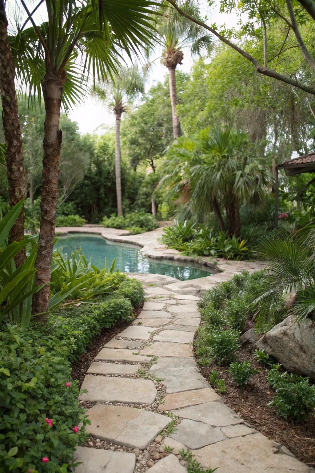 Add character and function with natural stone pathways around your pool.