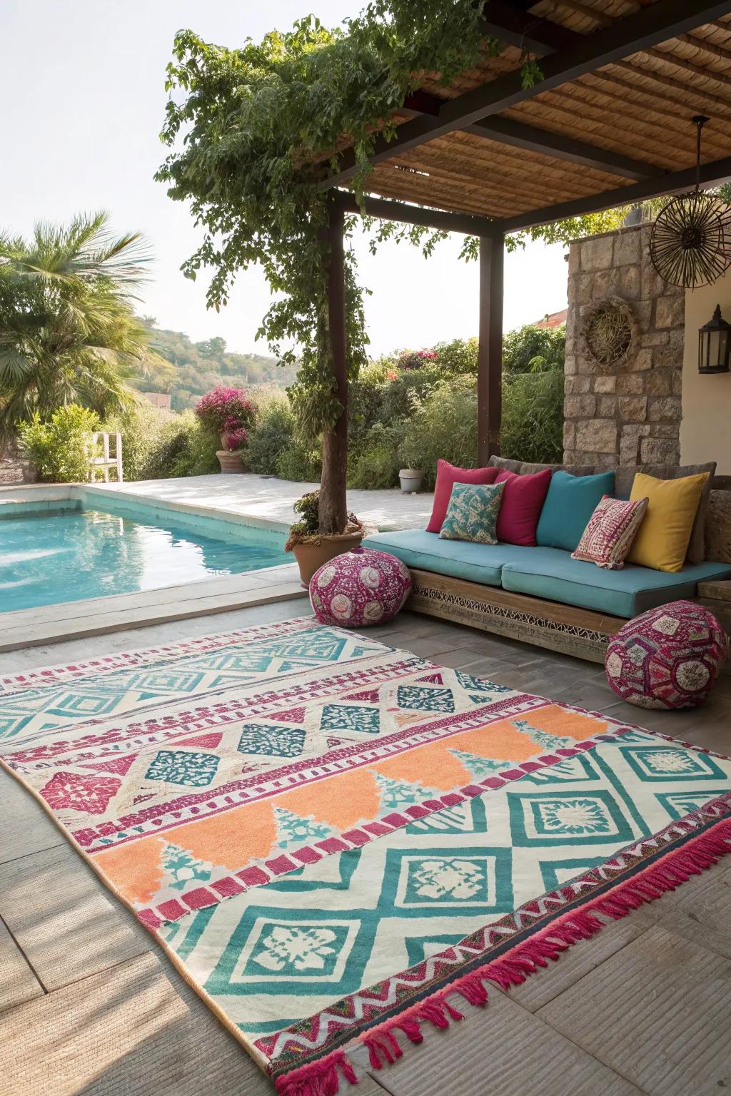 Inject a dose of color and design into your pool area with a vibrant outdoor carpet.