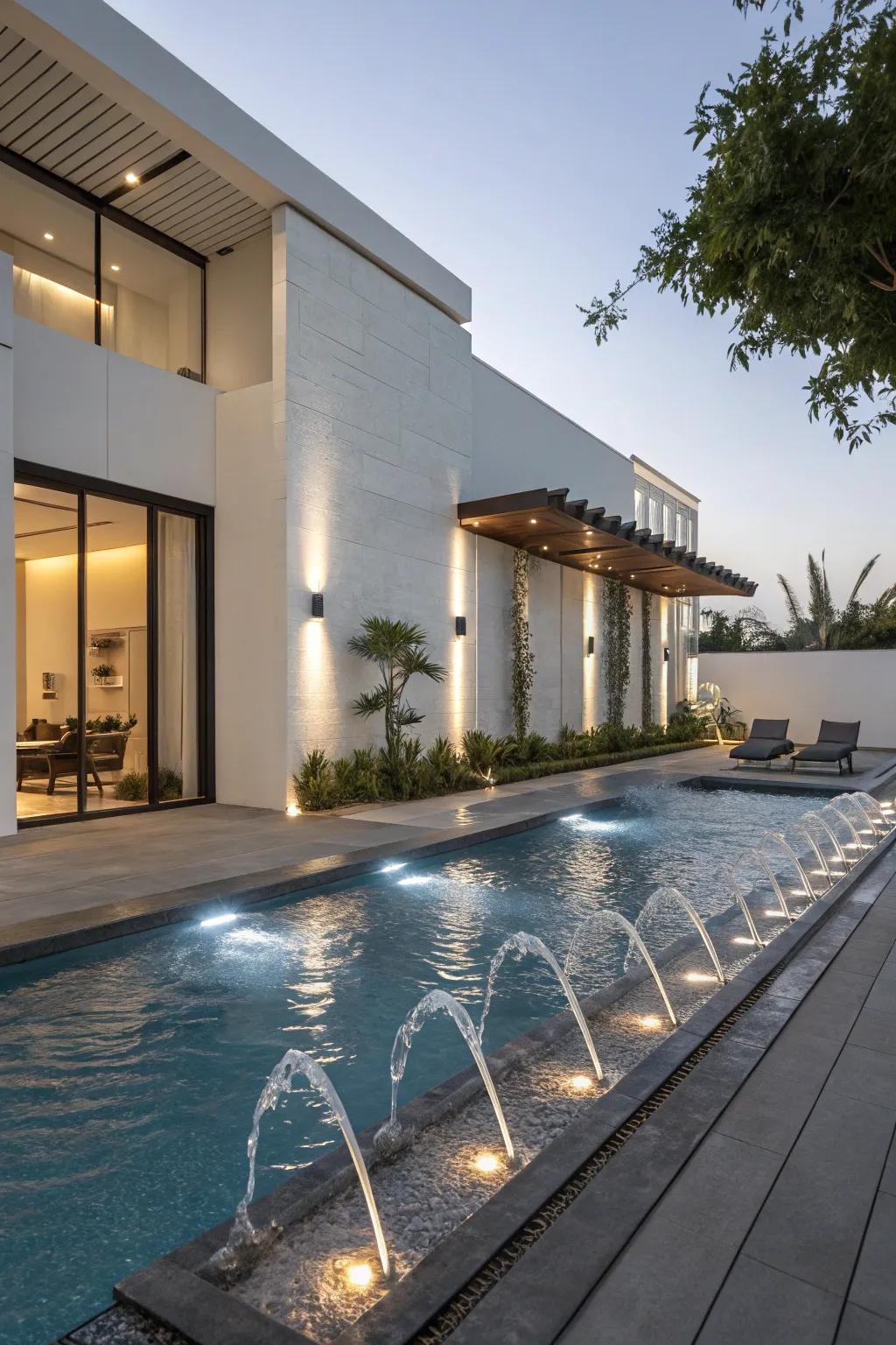 Modern water spouts create a polished and illuminated pool atmosphere.