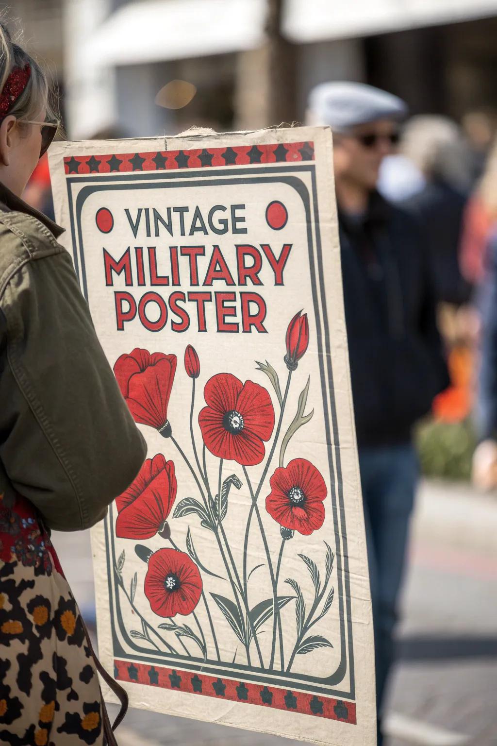 A vintage military poster featuring poppies, mixing history and art in one design.