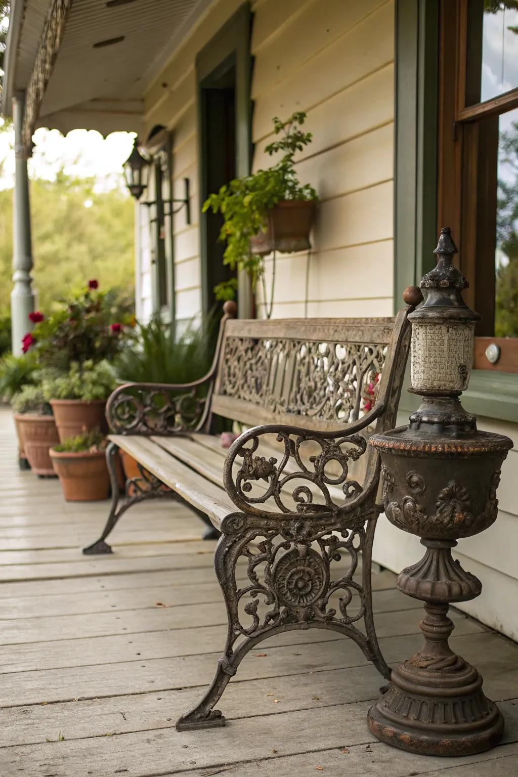 A classic metal bench imparts a timeless impression to any porch.