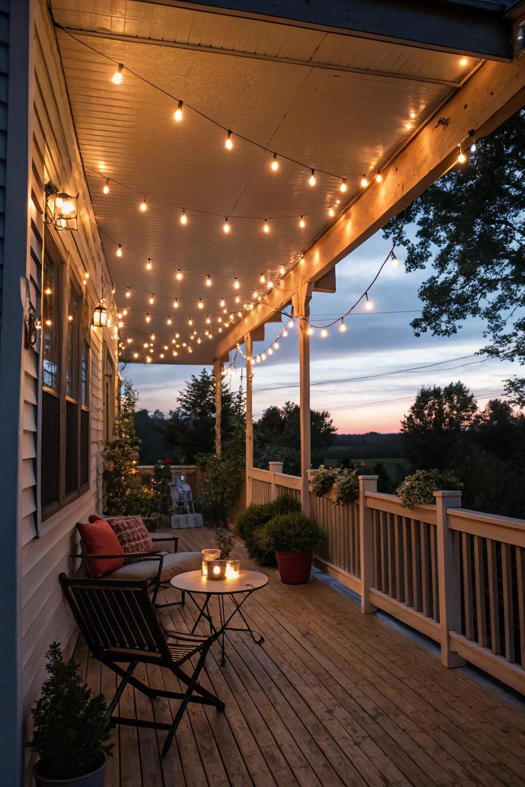 Illuminating strands fashioning a snug and bewitching porch setting.