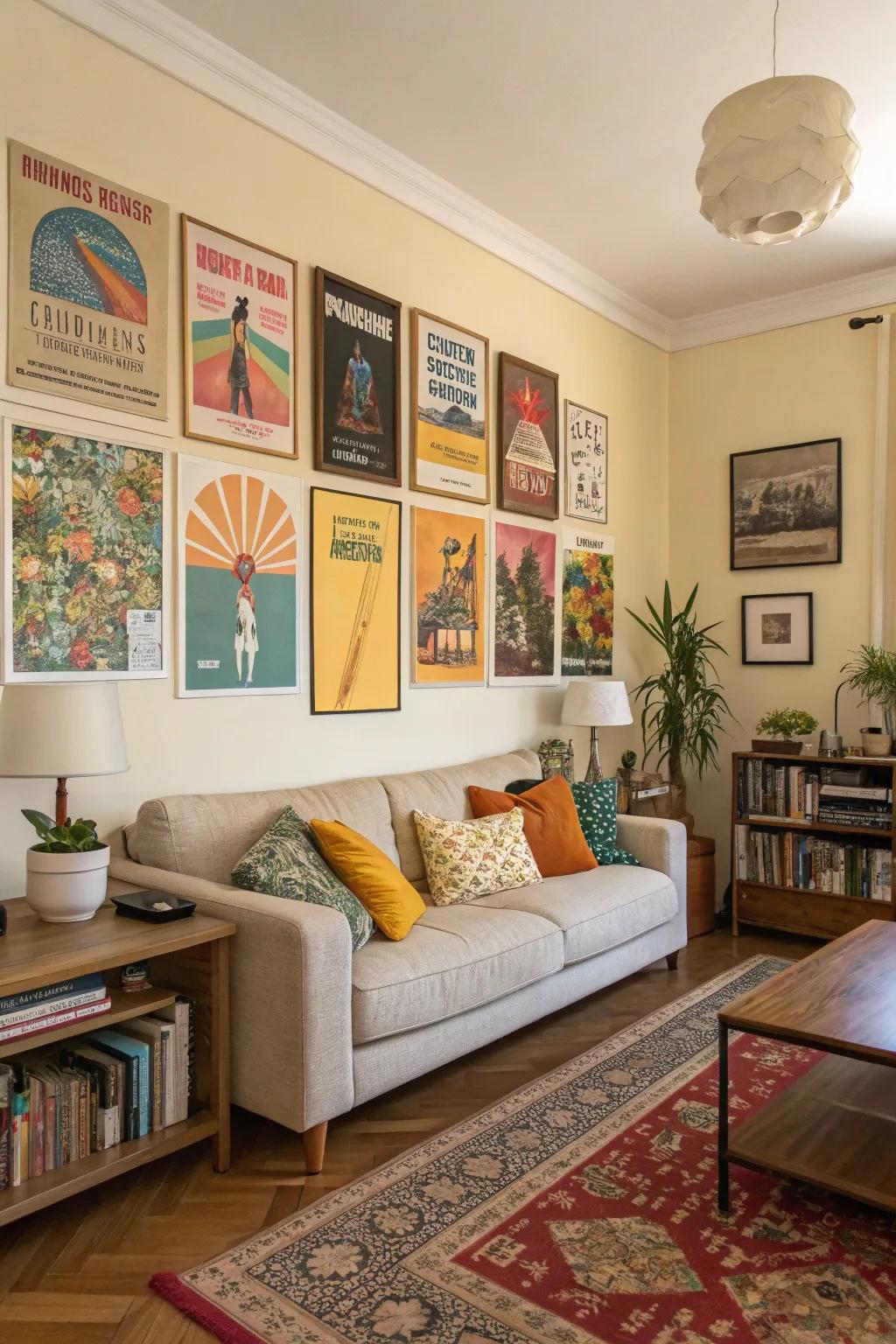 A living room with posters that flawlessly complement the room's color scheme.