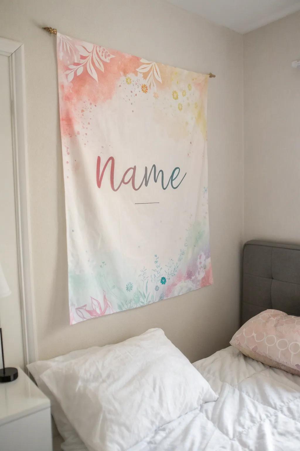 A dreamy watercolor name creation, infusing serenity into a sleeping quarter.