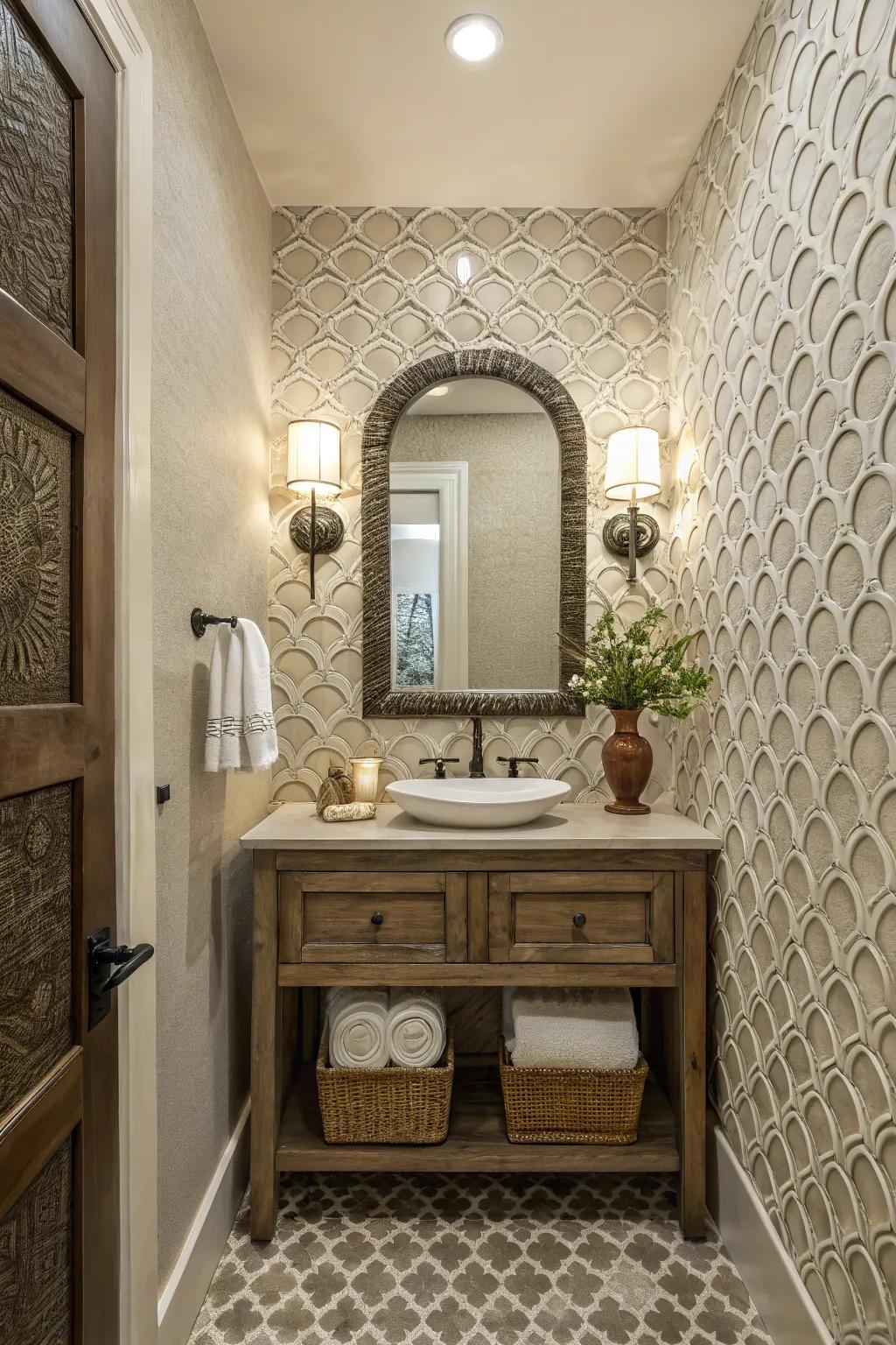 A powder room displaying a feature wall using patterned tiles.